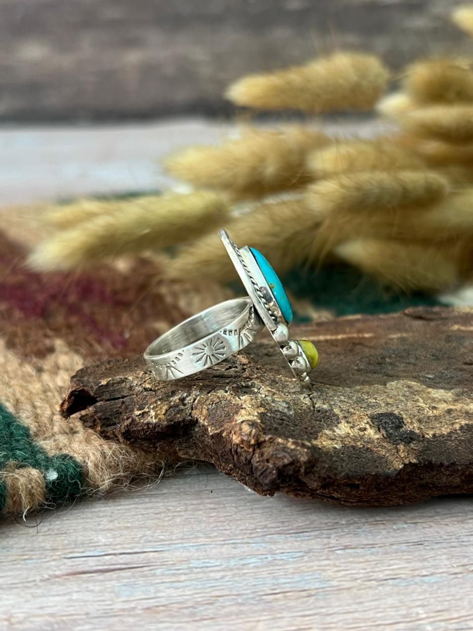 Handmade Sterling Silver Santa Maria with Palomino Turquoise Adjustable Ring "Signed Nizhoni"