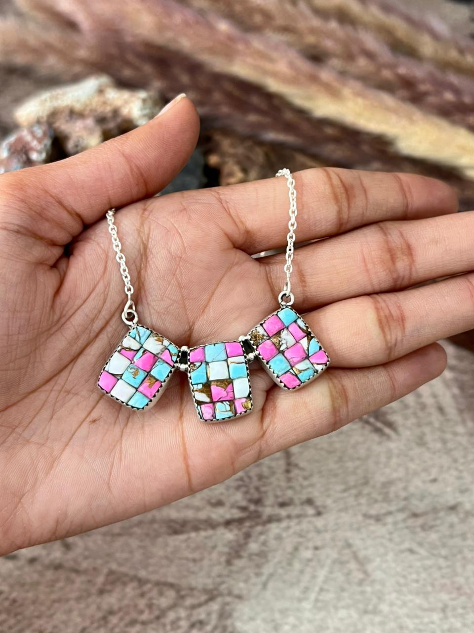 Handmade Sterling Silver Cotton Candy Cobble Stone Necklace "Signed Nizhoni"