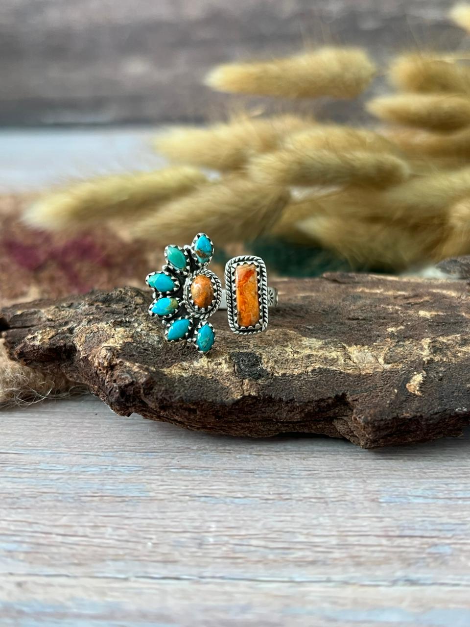 Handmade Sterling Silver Kingman Turquoise with Orange Mojave Adjustable Ring "Signed Nizhoni"