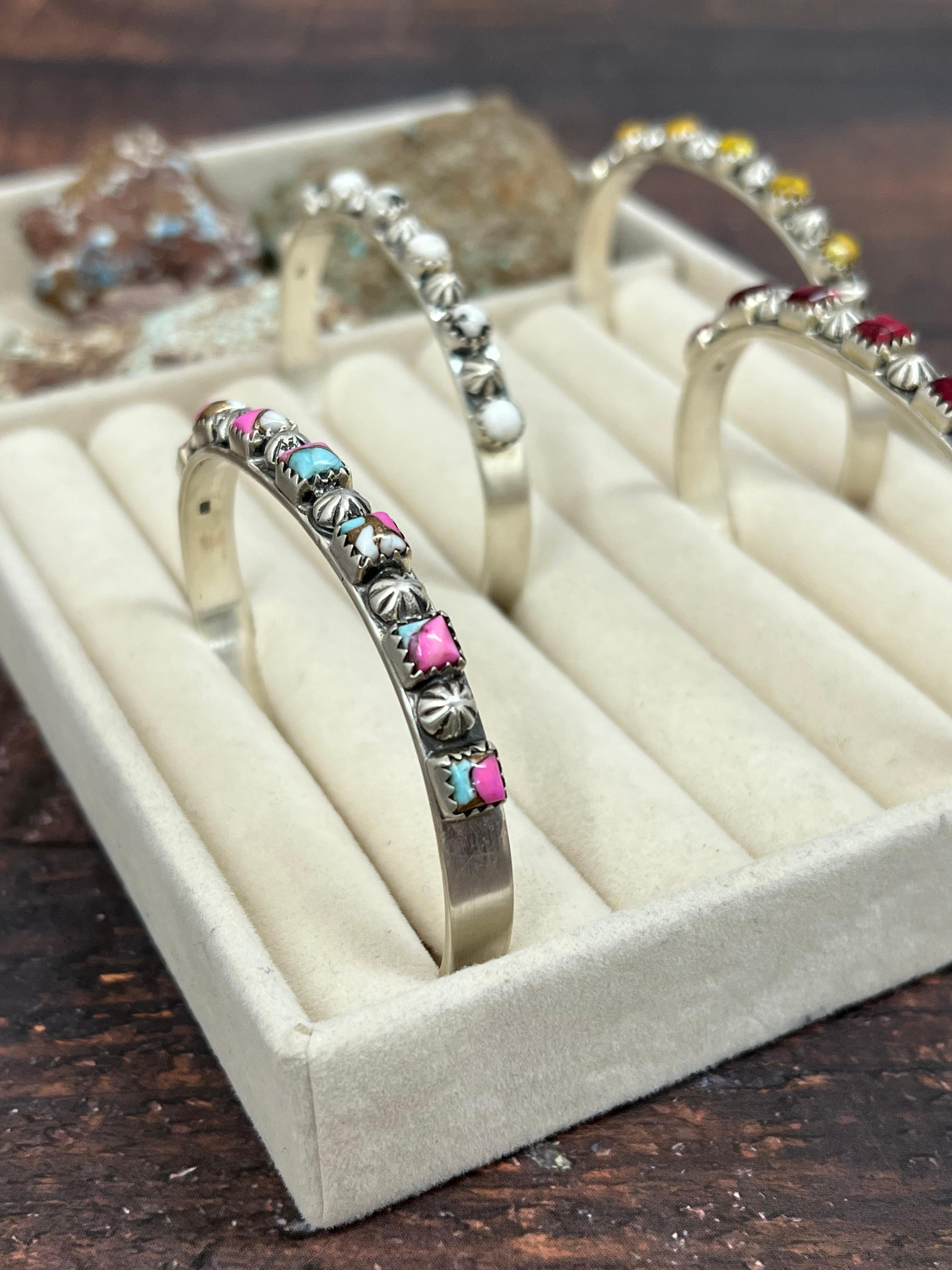 Handmade Sterling Silver Multi Gemstone Cuff Bracelet with Signed Nizhoni