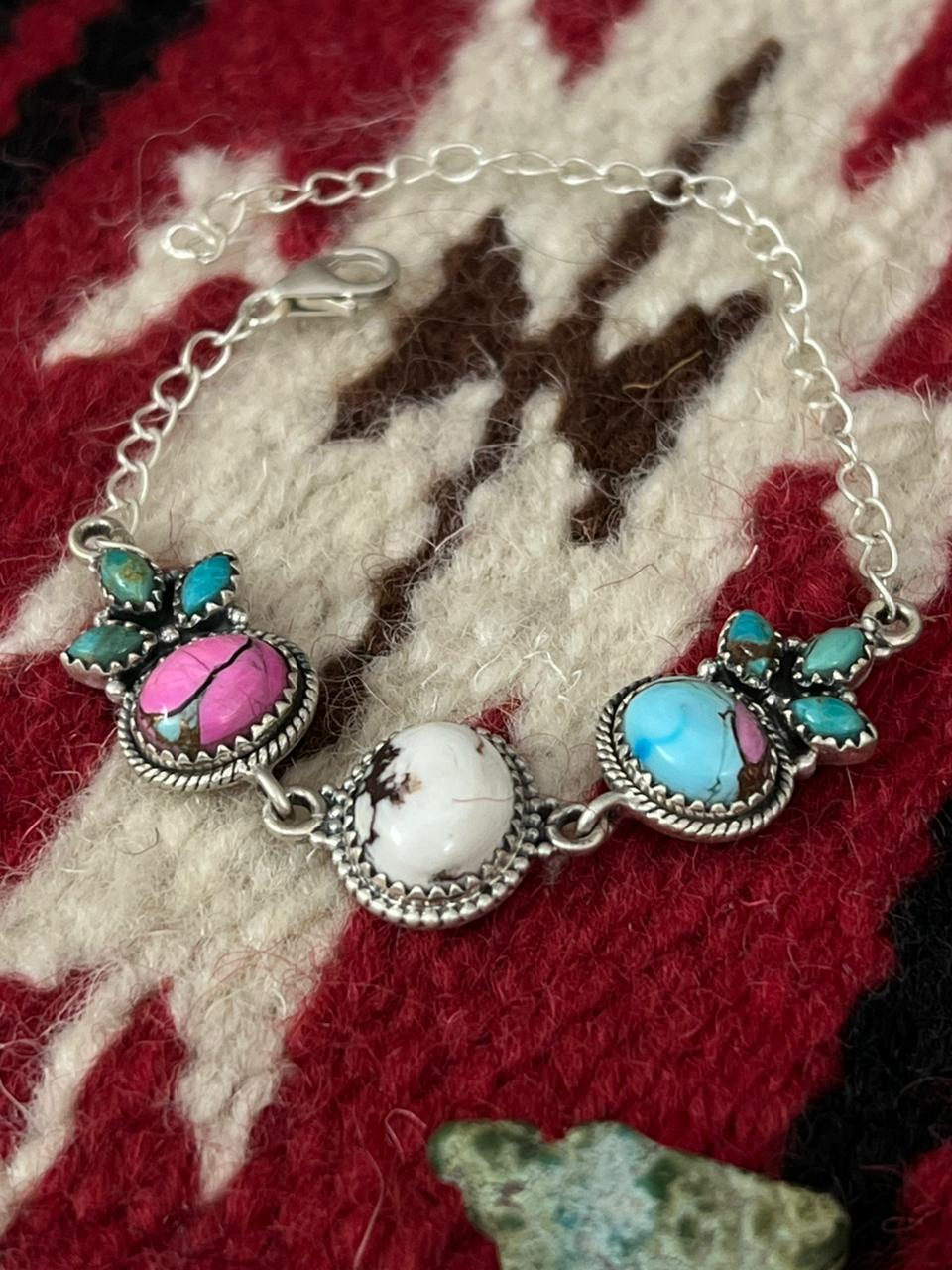 Handmade Sterling Silver Cotton Candy, Kingman and Wild horse Magnesite Chain Bracelet "Signed Nizhoni"