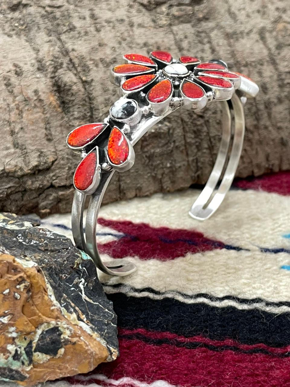 "Christmas Collection" Handmade Sterling Silver White Buffalo With Red Opal Cuff Bracelet "Signed Nizhoni"