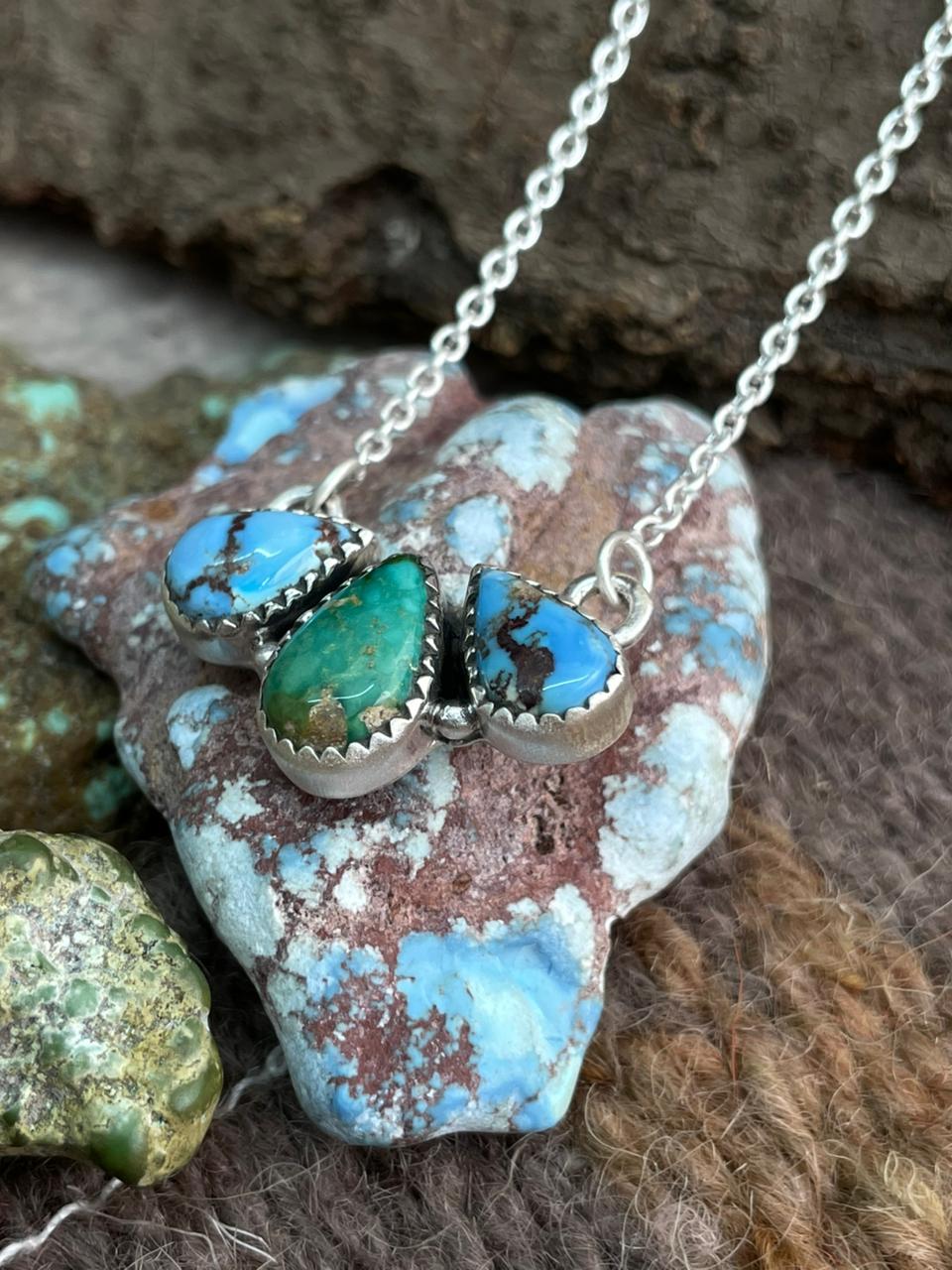 Handmade Sterling Silver Golden Hills Turquoise with Sonoran Mountain Turquoise Necklace "Signed Nizhoni"