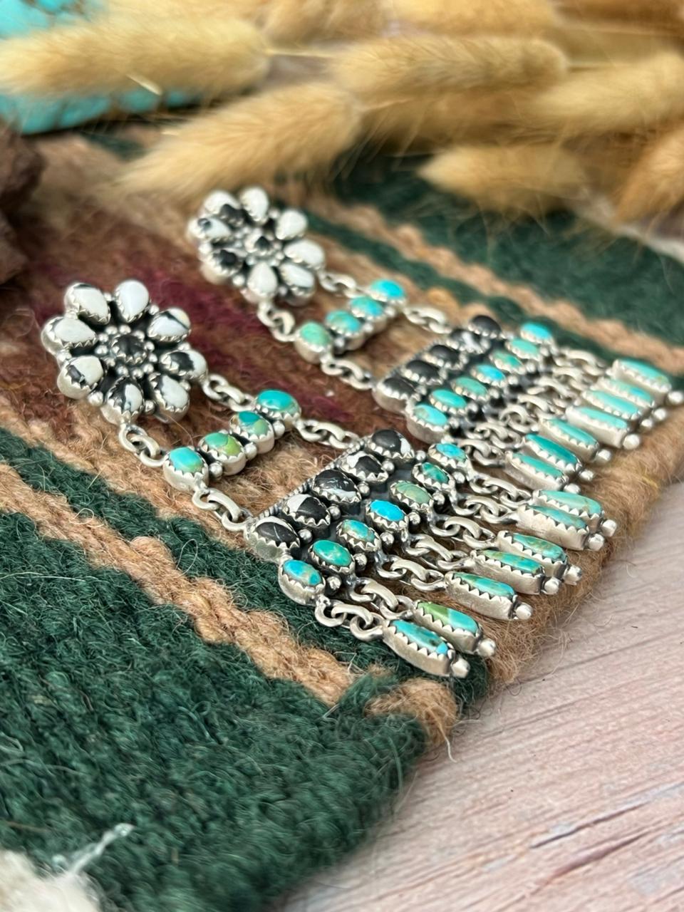 Handmade Sterling Silver Kingman Turquoise with White Buffalo Post Dangle Earrings "Signed Nizhoni"
