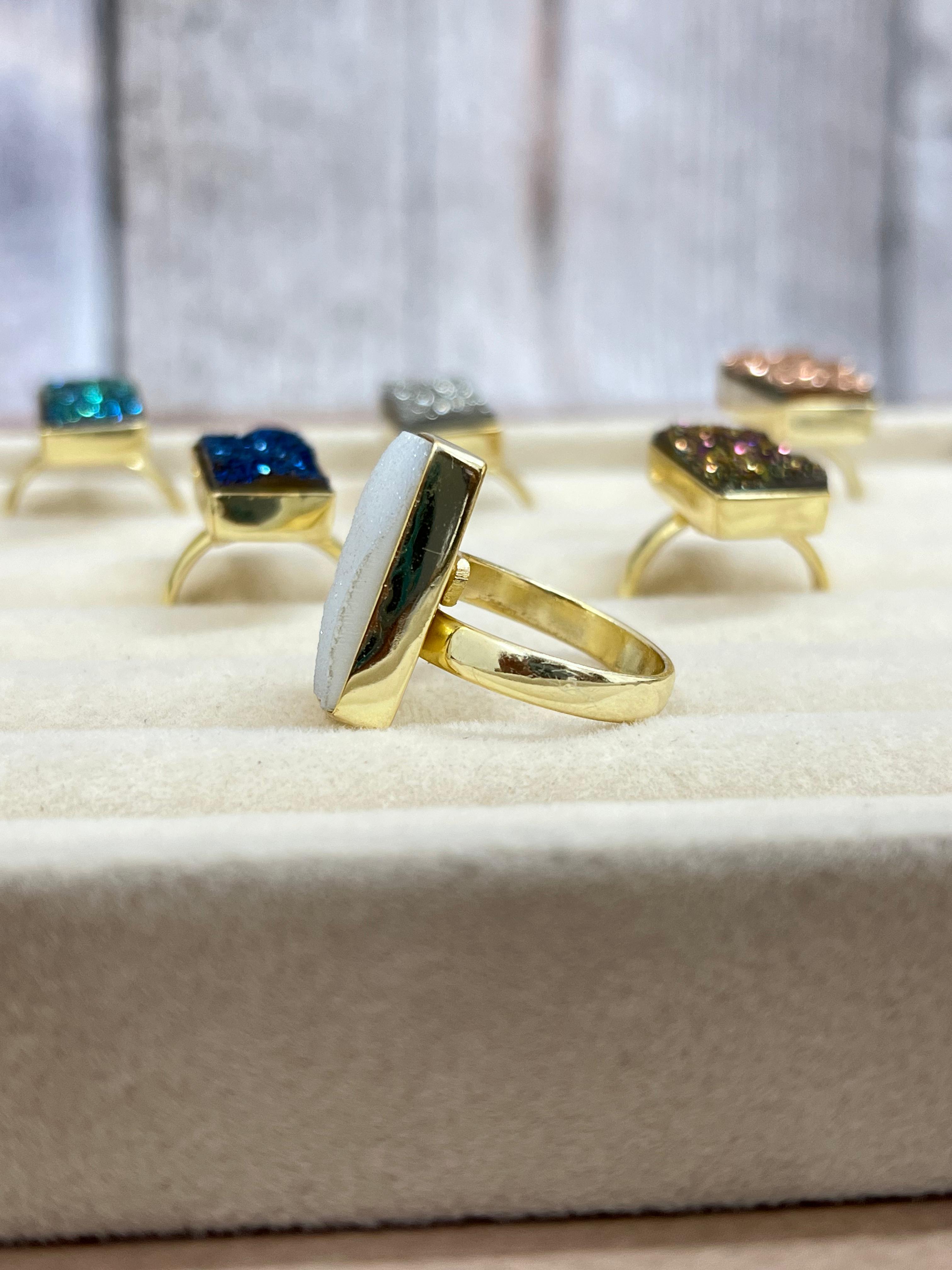 “The Boho Collection” Handmade Natural Druzy Adjustable Baguette Ring- 6 Colors