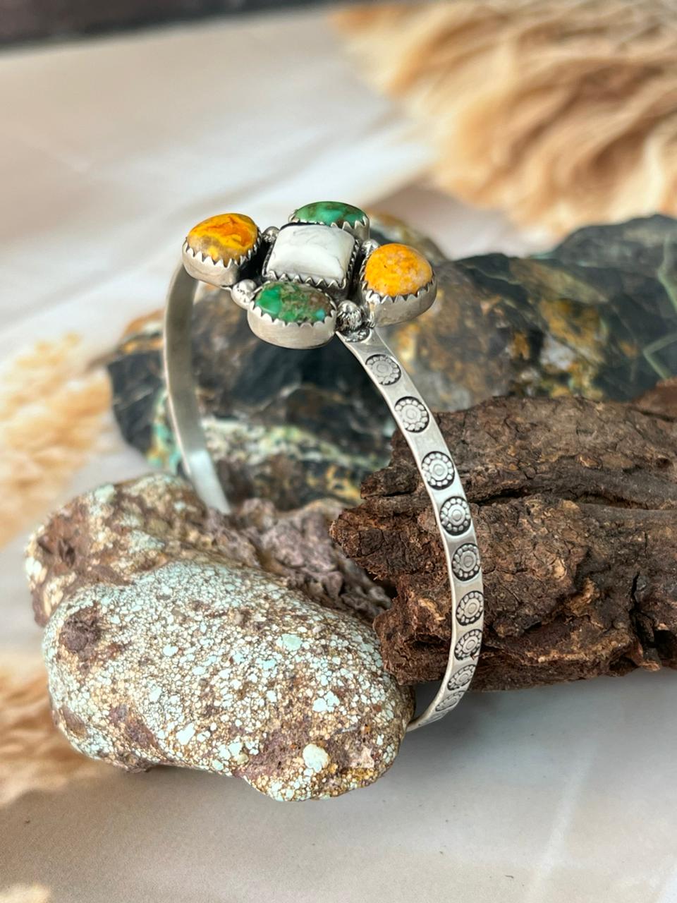 Handmade Sterling Silver Spring Collection: Bumblebee with Sonoran and White Buffalo Bracelet "Signed Nizhoni"