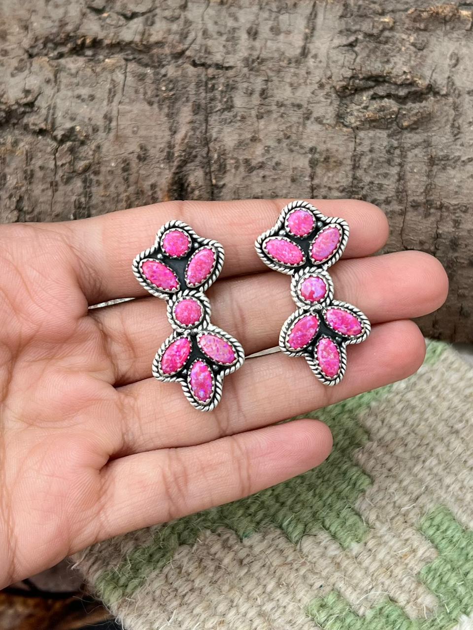 Handmade Sterling Silver Hot Pink Post Earrings "Signed Nizhoni"