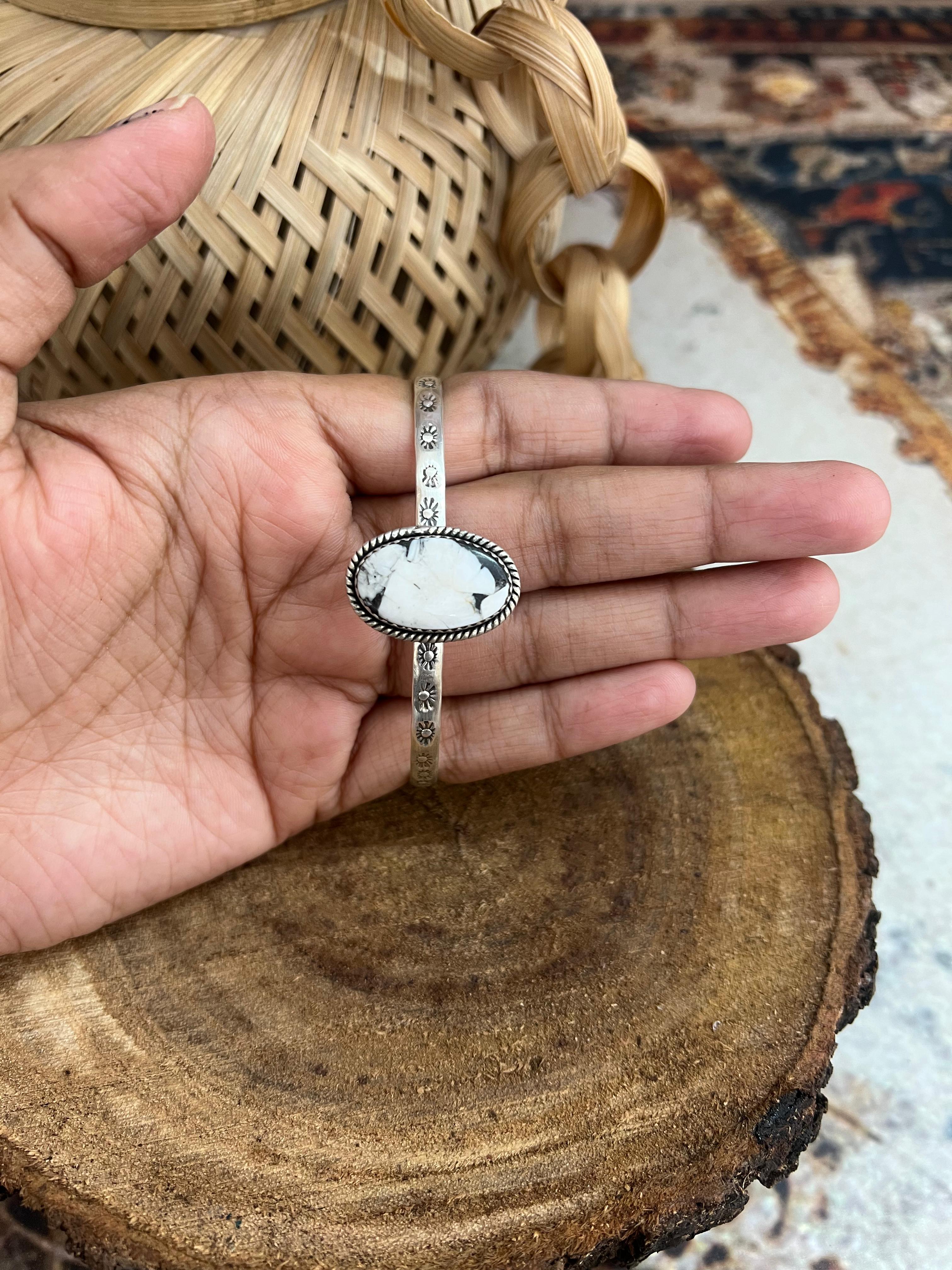 Handmade Sterling Silver White Buffalo Bracelet with Signed Nizhoni