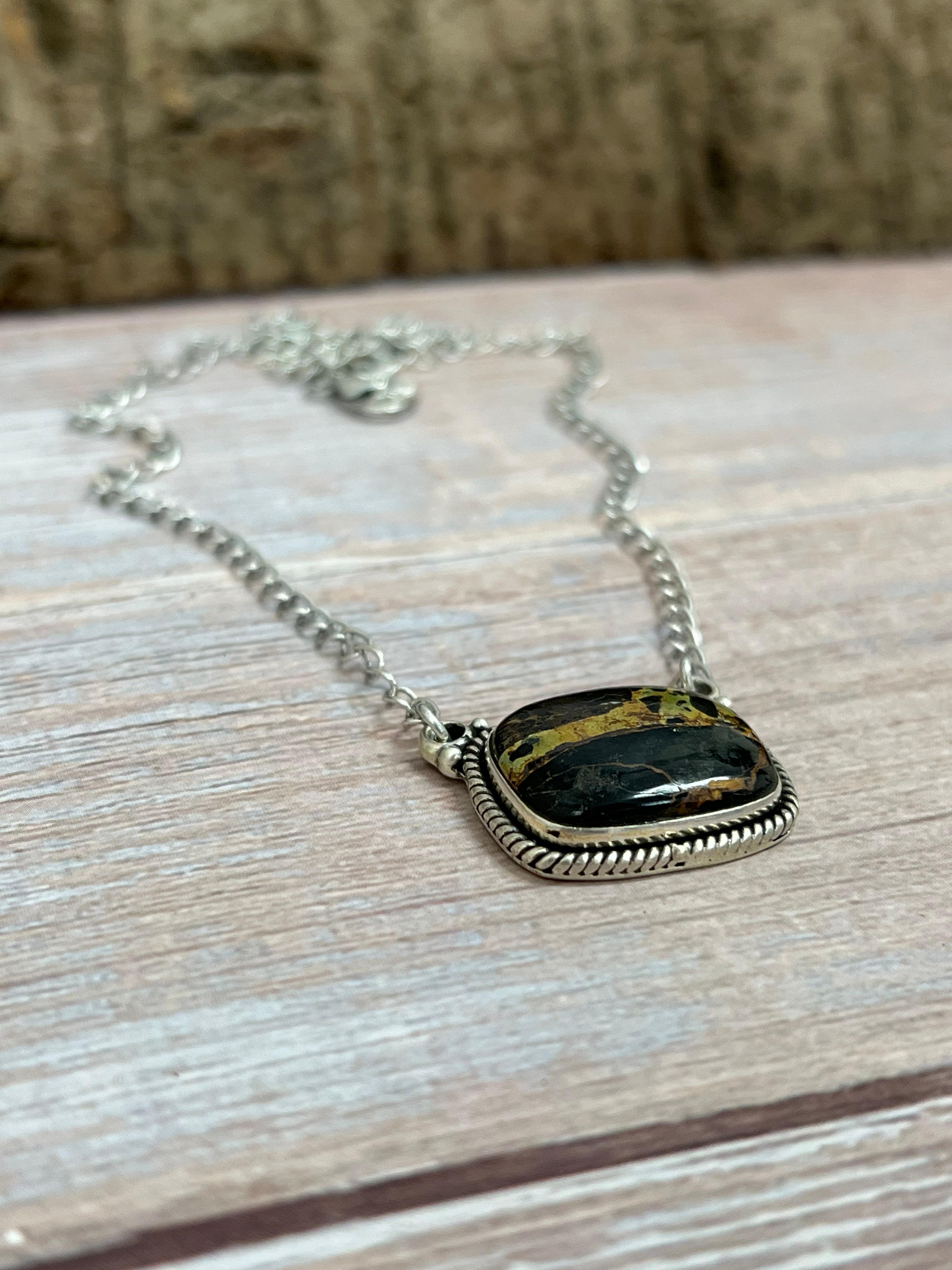 Handmade Sterling Silver Black Jack Necklace with Signed Nizhoni