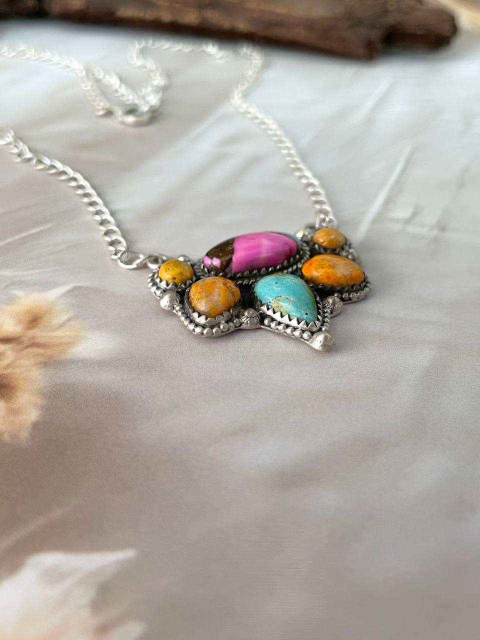 Handmade Sterling Silver Spring Collection: Bumblebee with Cotton Candy & Sonoran Mountain Turquoise Necklace "Signed Nizhoni"