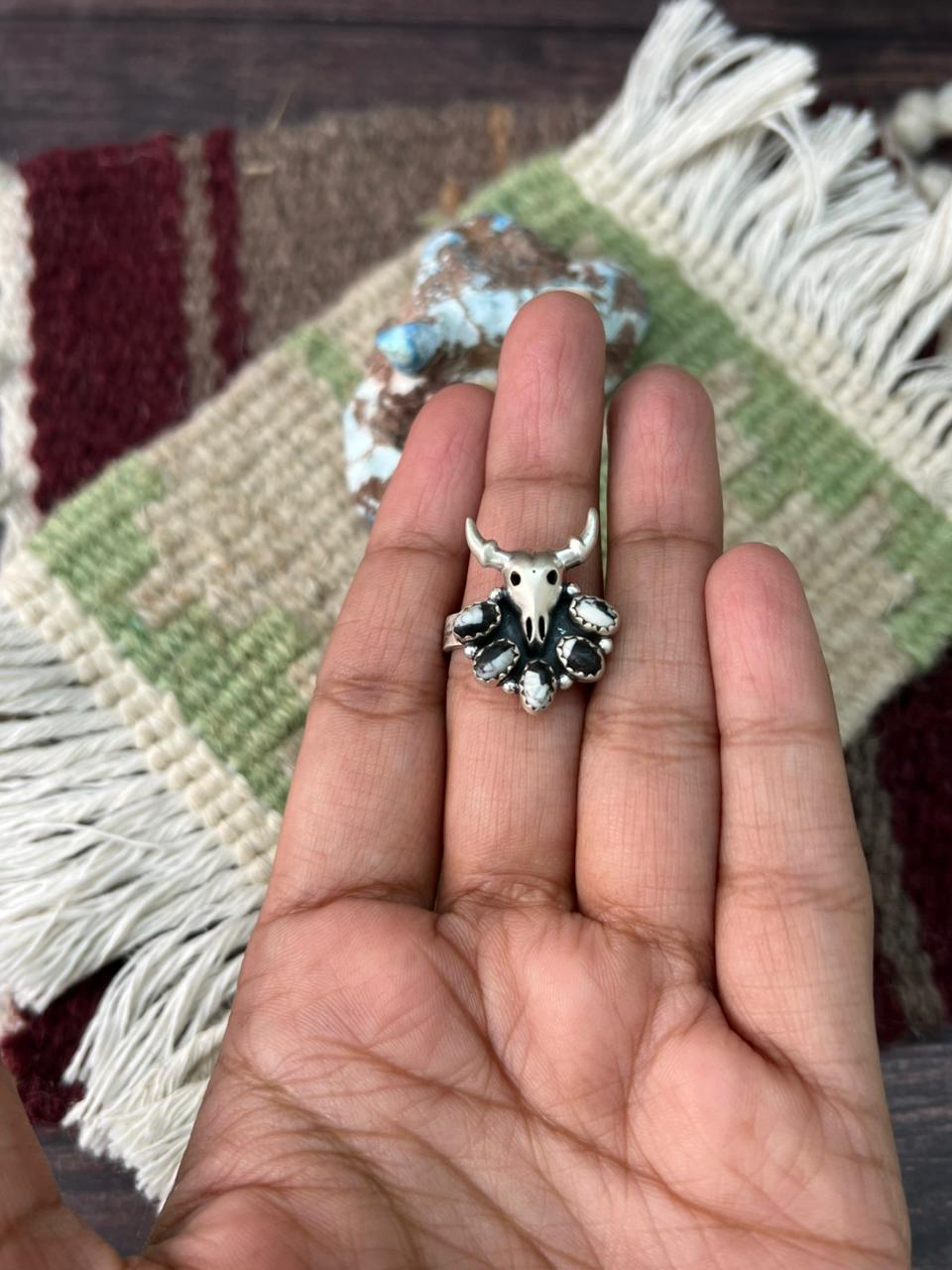 Handmade Sterling Silver White Buffalo Bull Adjustable Ring "Signed Nizhoni"