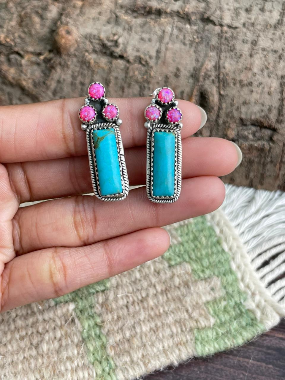 Handmade Sterling Silver Arizona Blue Turquoise with Hot Pink Post Studs Earrings "Signed Nizhoni"