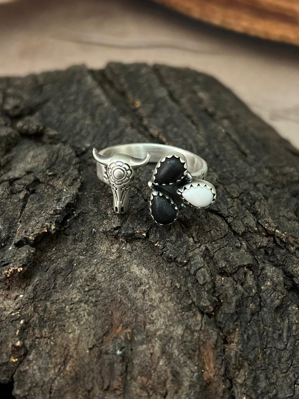 Handmade Sterling Silver White Buffalo Bull Adjustable Ring "Signed Nizhoni"