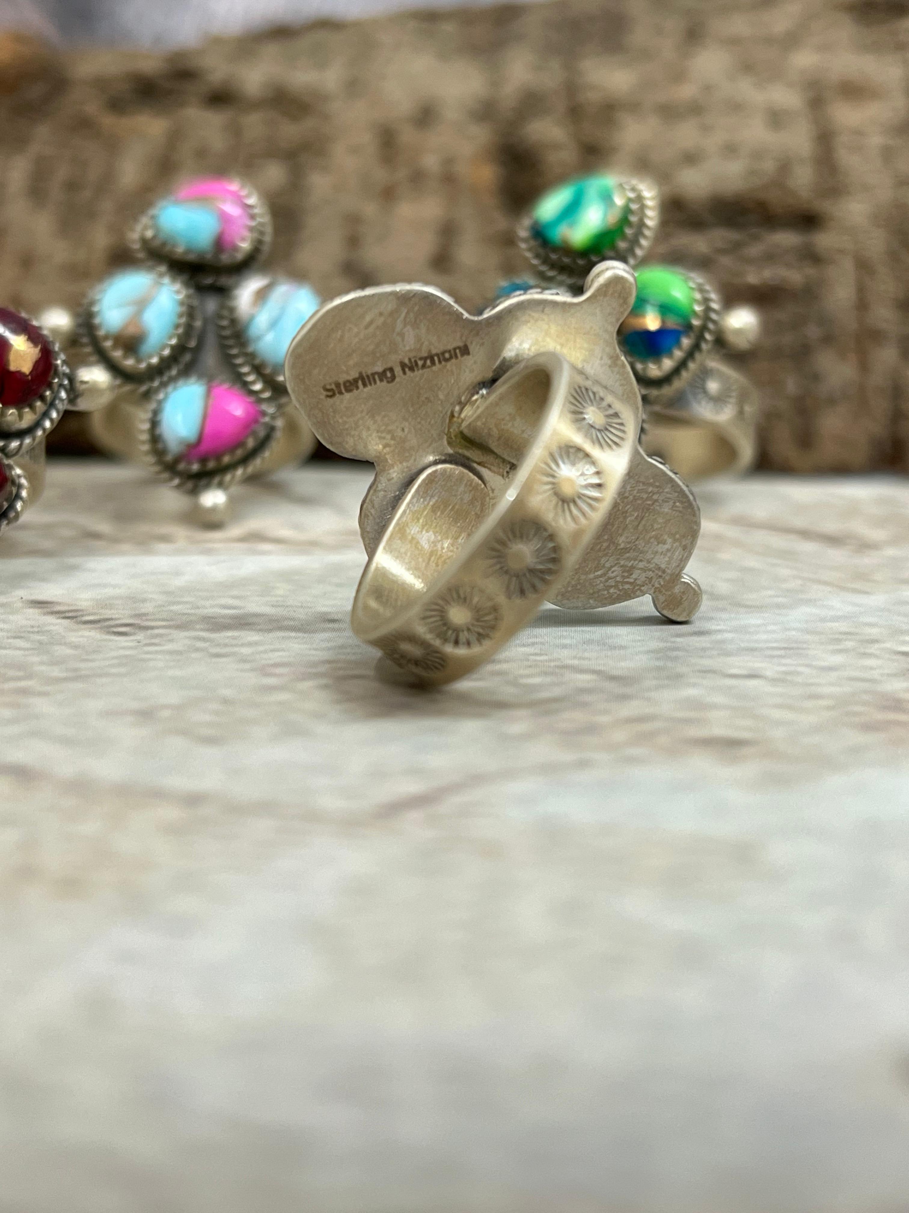 Handmade Sterling Silver Peacock Dahlia, Cotton Candy, Dahlia Rose, White Buffalo Turquoise Adjustable Ring, Signed Nizhoni