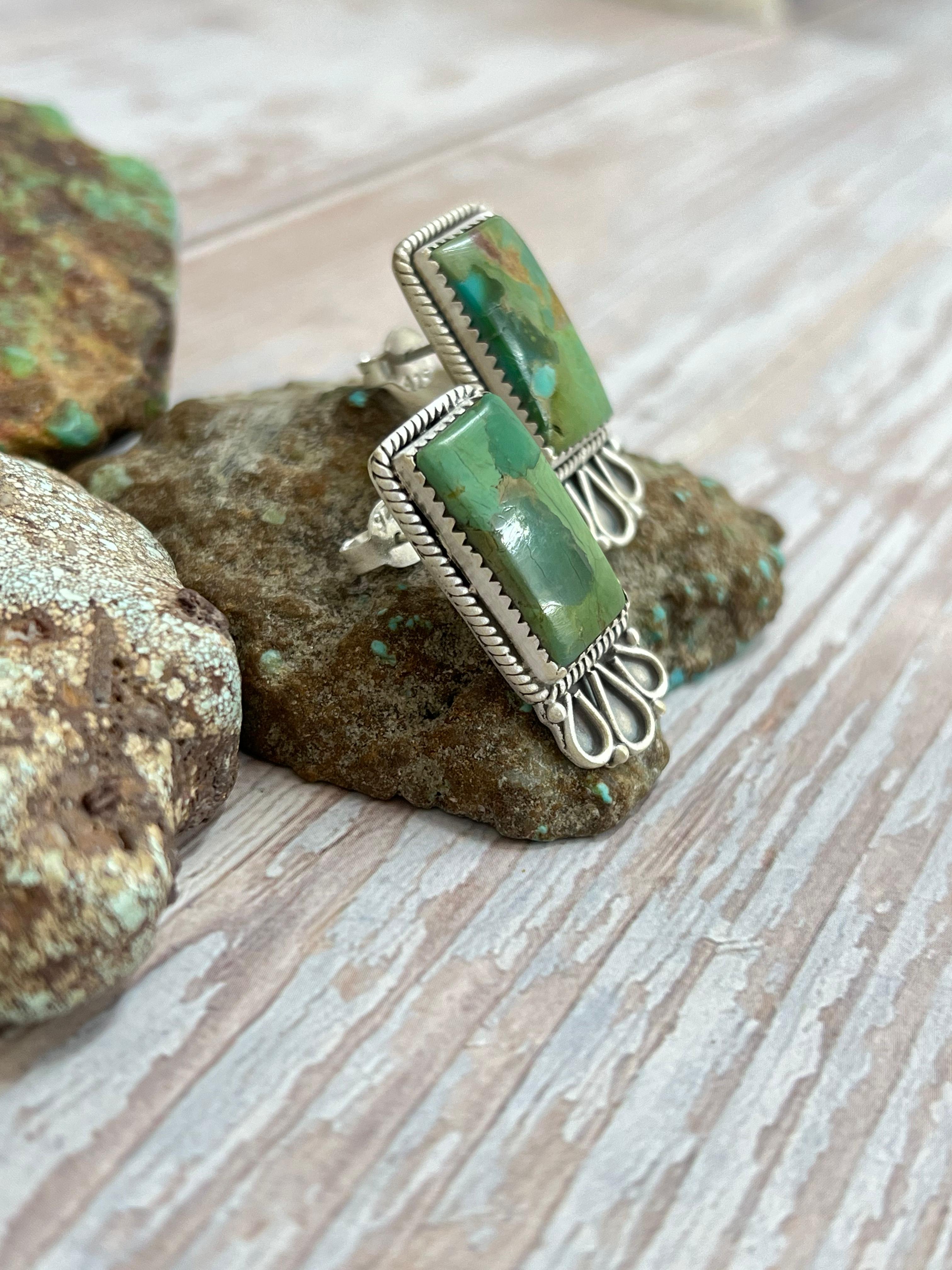 Handmade Sterling Silver Kingman Turquoise Post Earrings with Signed Nizhoni