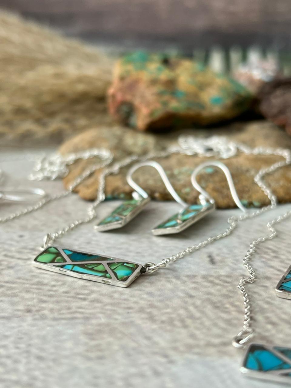 Handmade Sterling Silver Multi Stone INLAY Necklace Earrings Set "Signed Nizhoni"