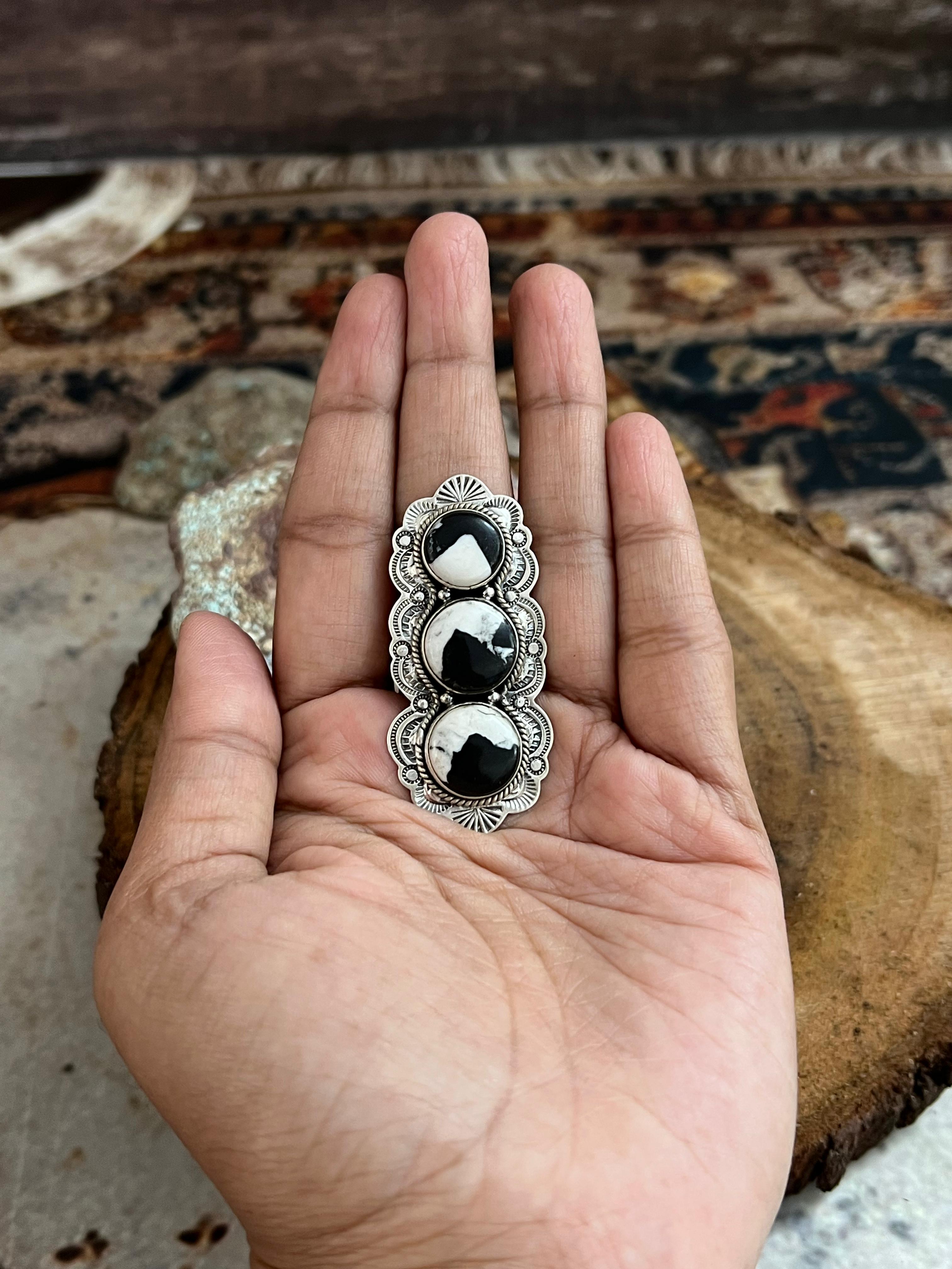 Handmade Sterling Silver White Buffalo Adjustable Ring, Signed Nizhoni