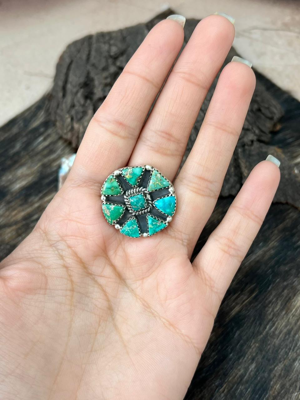 Handmade Sterling Silver Emerald Valley Turquoise Adjustable Ring "Signed Nizhoni"