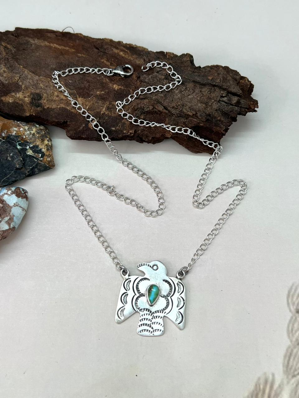 Handmade Sterling Silver Sonoran Mountain Turquoise Thunder Bird Necklace "Signed Nizhoni"