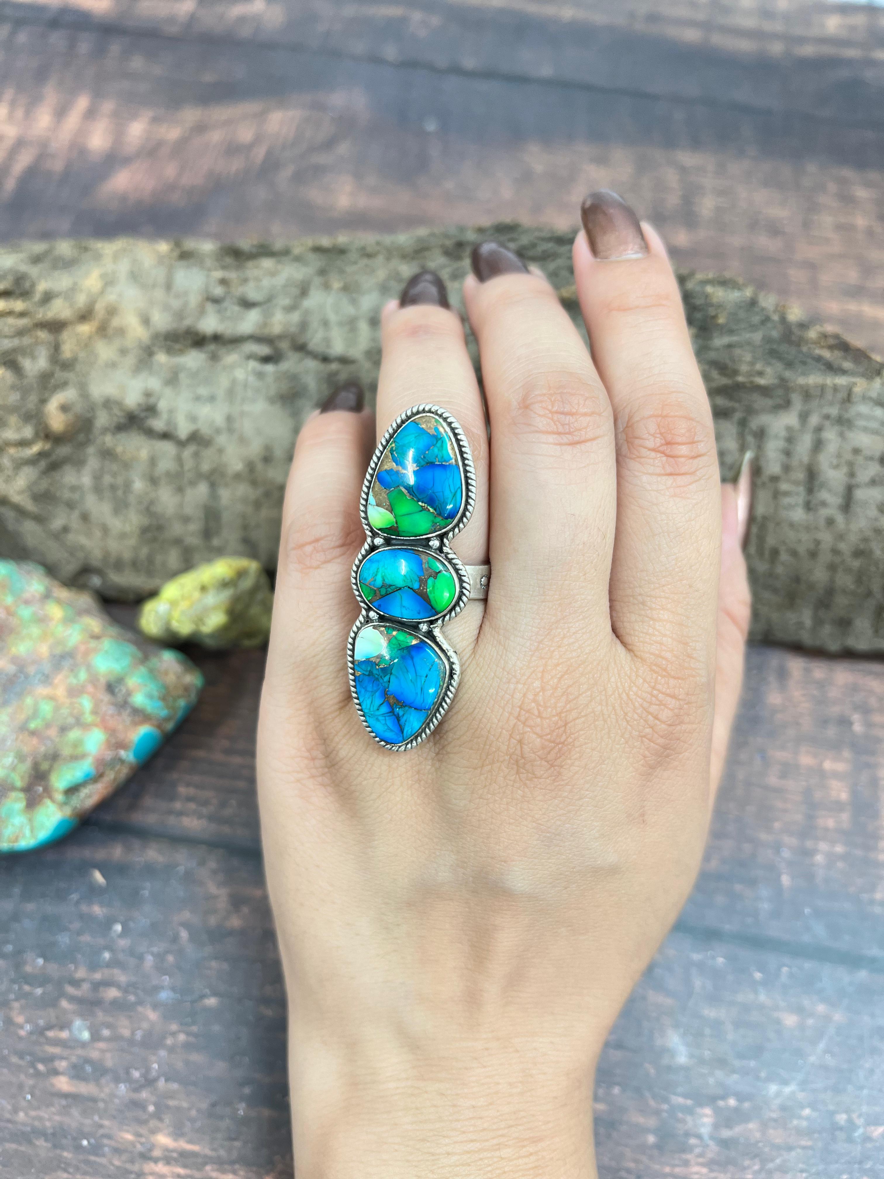 Handmade Sterling Silver Peacock Dahlia Adjustable Ring with Signed Nizhoni