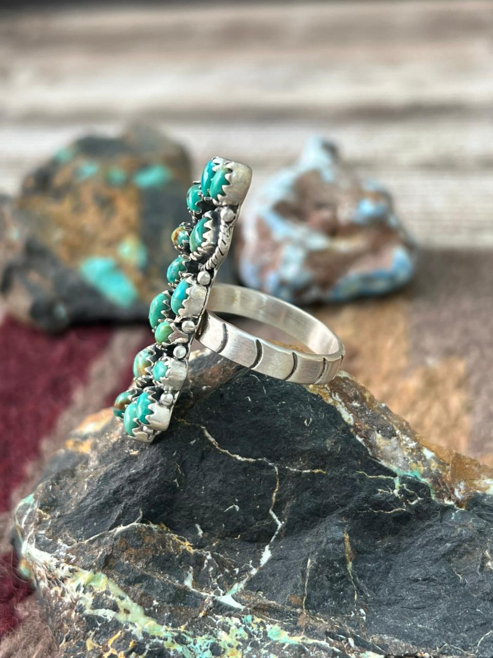 Handmade Sterling Silver Kingman Turquoise Adjustable Ring "Signed Nizhoni"