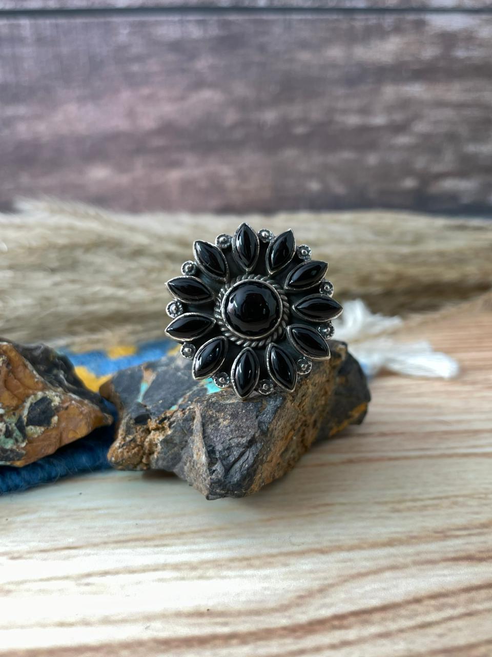 Handmade Sterling Silver Black Onyx Adjustable Ring "Signed Nizhoni"