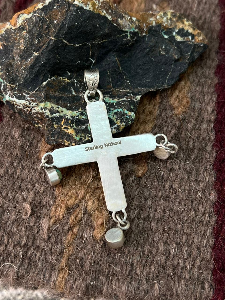 Handmade Sterling Silver Kingman Turquoise Cross Pendant "Signed Nizhoni"