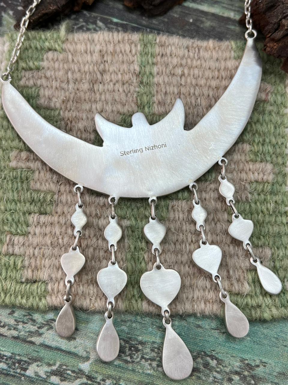 Handmade Sterling Silver Golden Hills Turquoise Choker Moon Necklace "Signed Nizhoni"