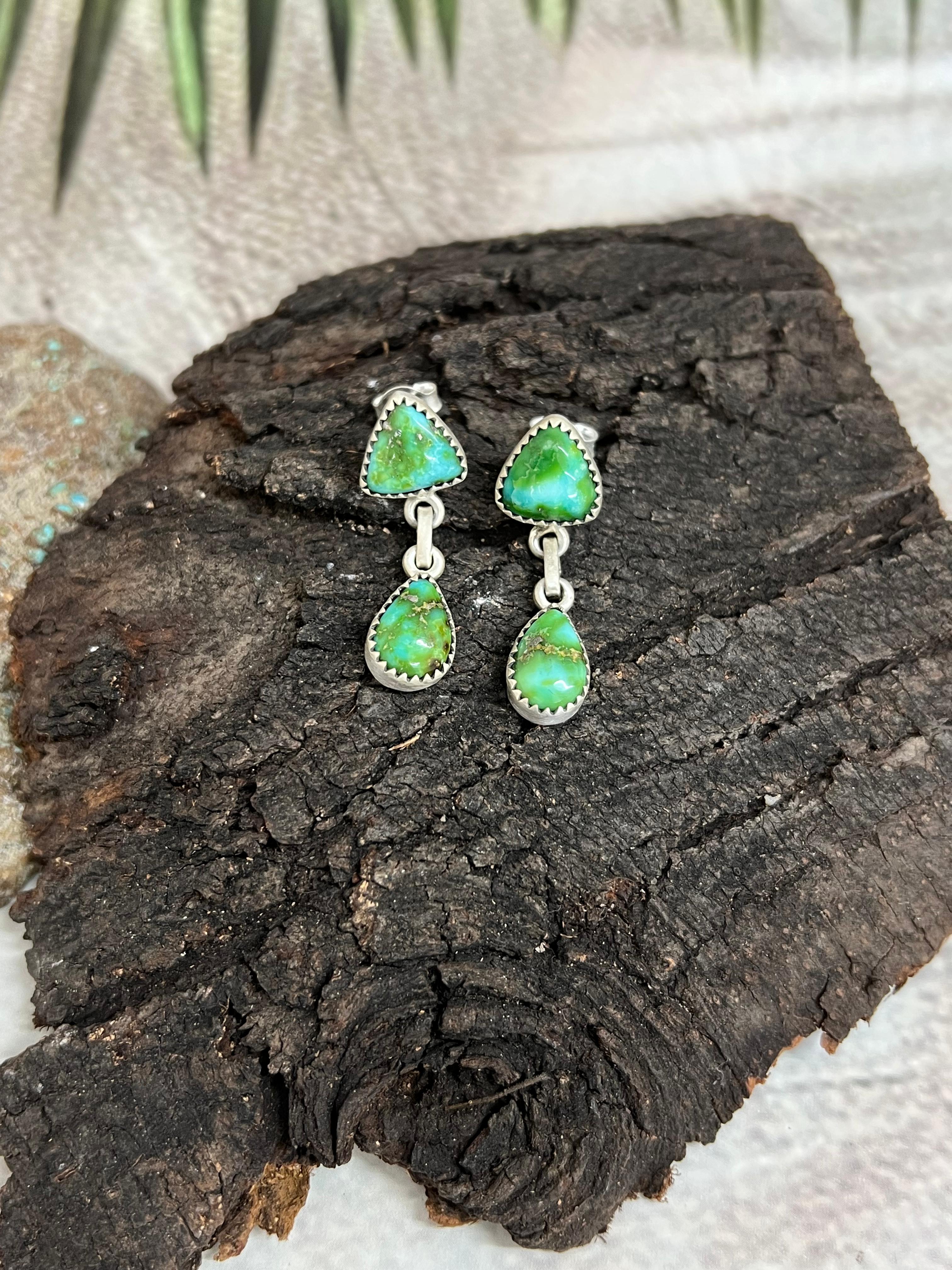 Handmade Sterling Silver Sonoran Mountain Turquoise Post Dangle Earrings with Signed Nizhoni (6)