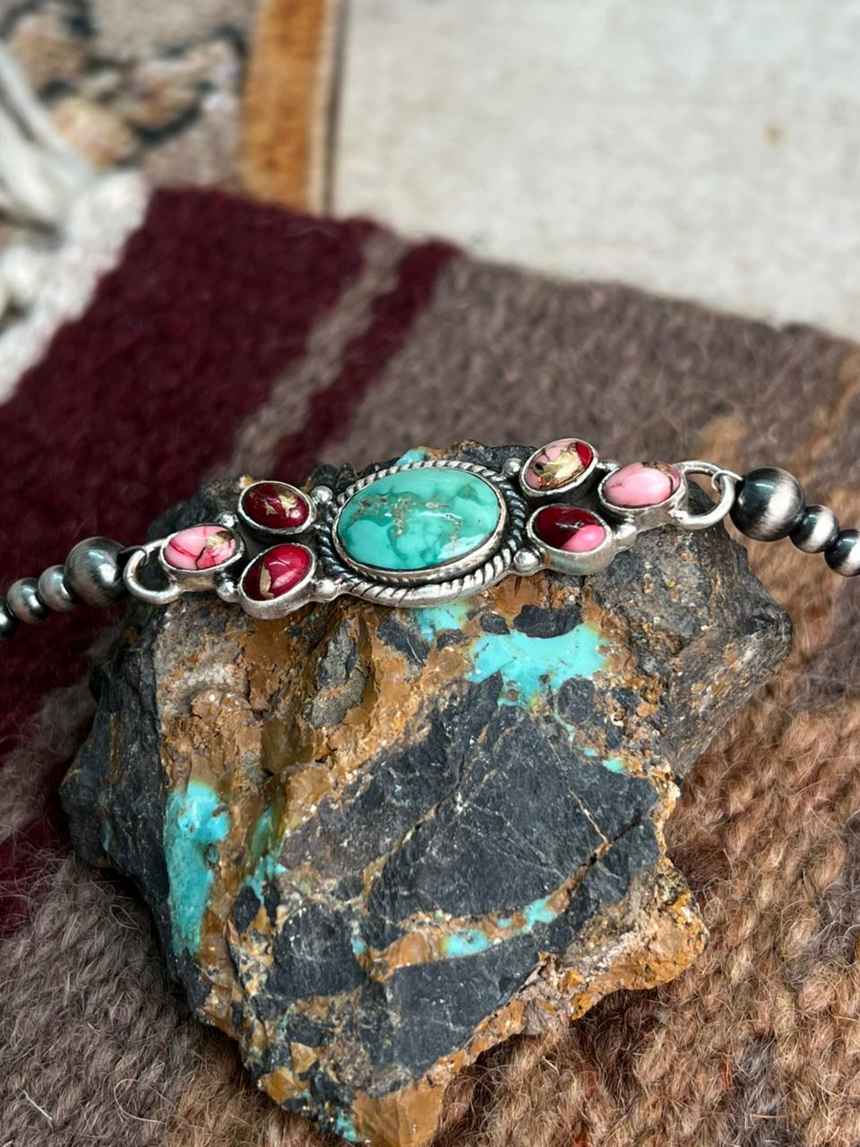 Handmade Sterling Silver Dahlia Rose with Emerald Valley Turquoise Beaded Bracelet "Signed Nizhoni"
