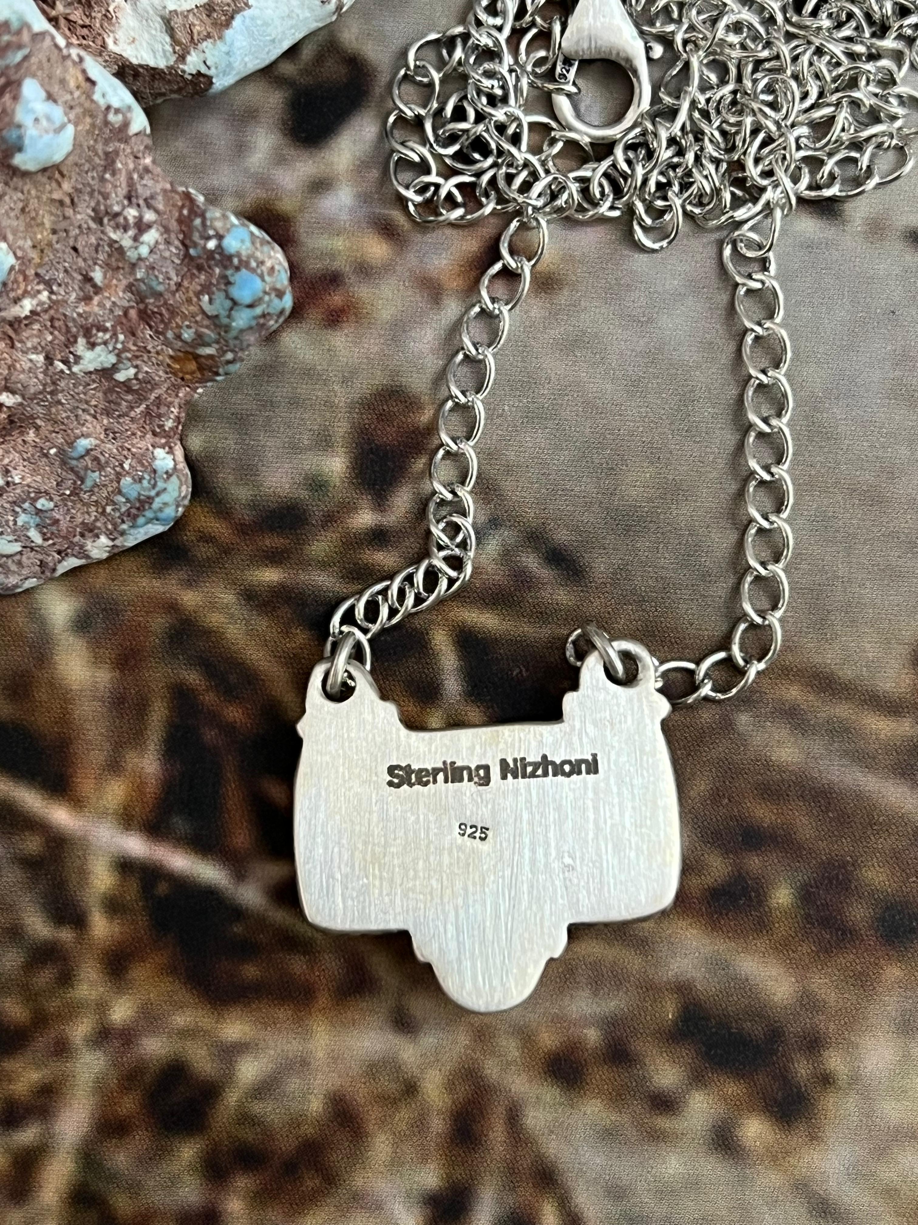 Handmade Sterling Silver White Buffalo Bar Necklace with Signed Nizhoni