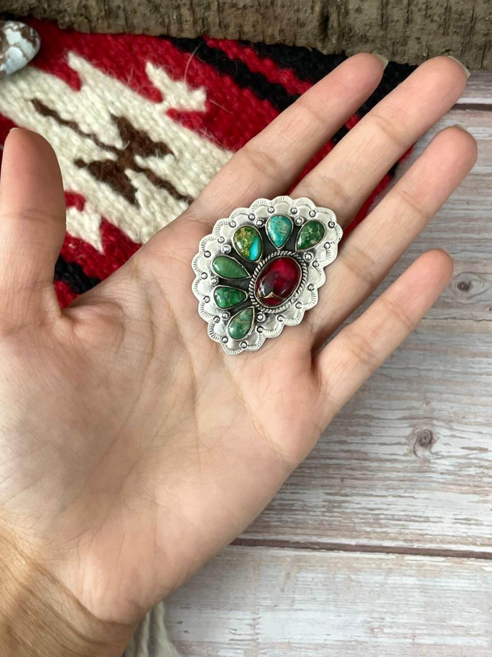 Handmade Sterling Silver Dahlia Rose With Emerald Valley Turquoise Ring "Signed Nizhoni"