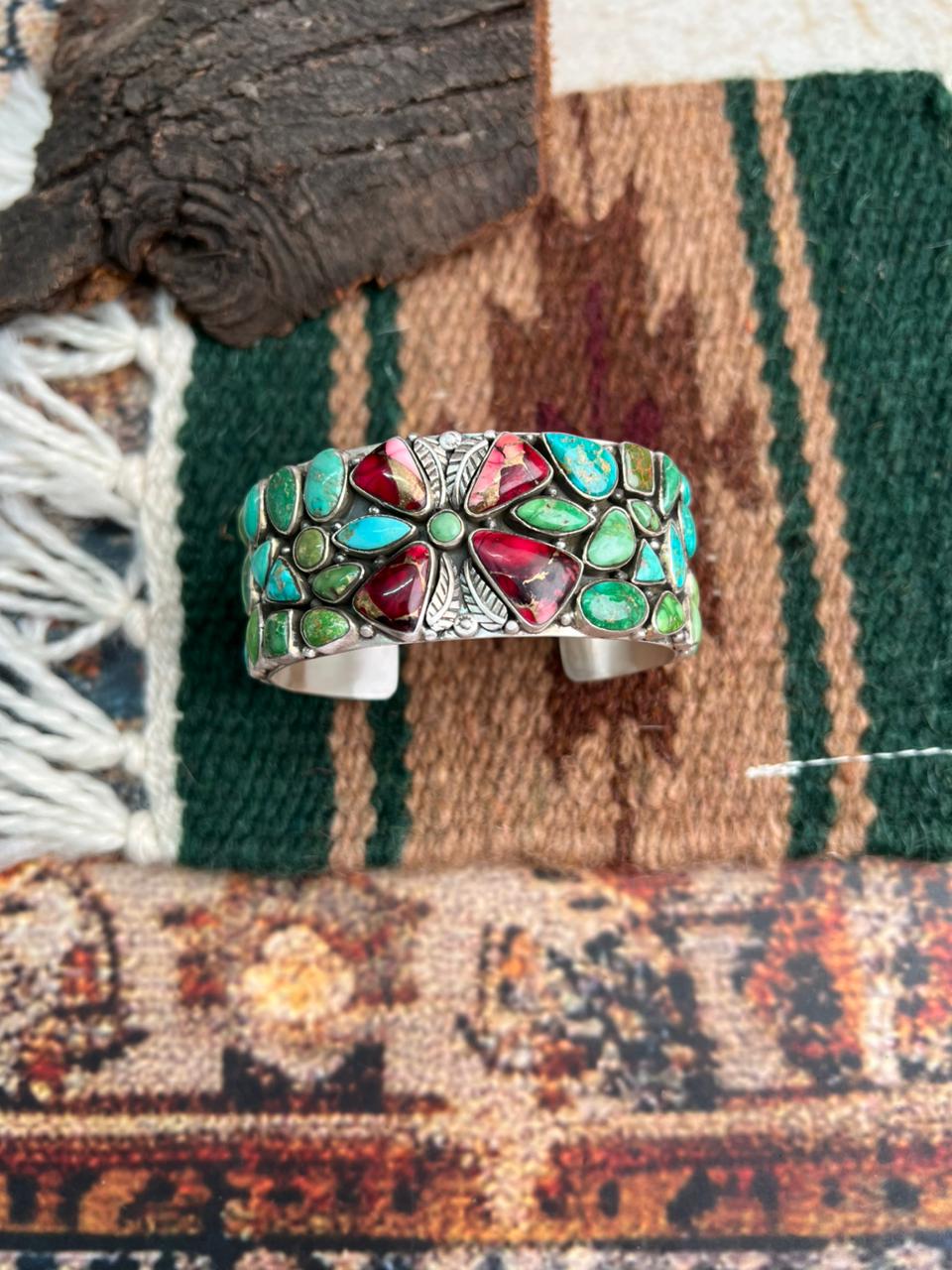 Handmade Sterling Silver Dahlia Rose with Emerald Valley Turquoise Cuff Bracelet "Signed Nizhoni"