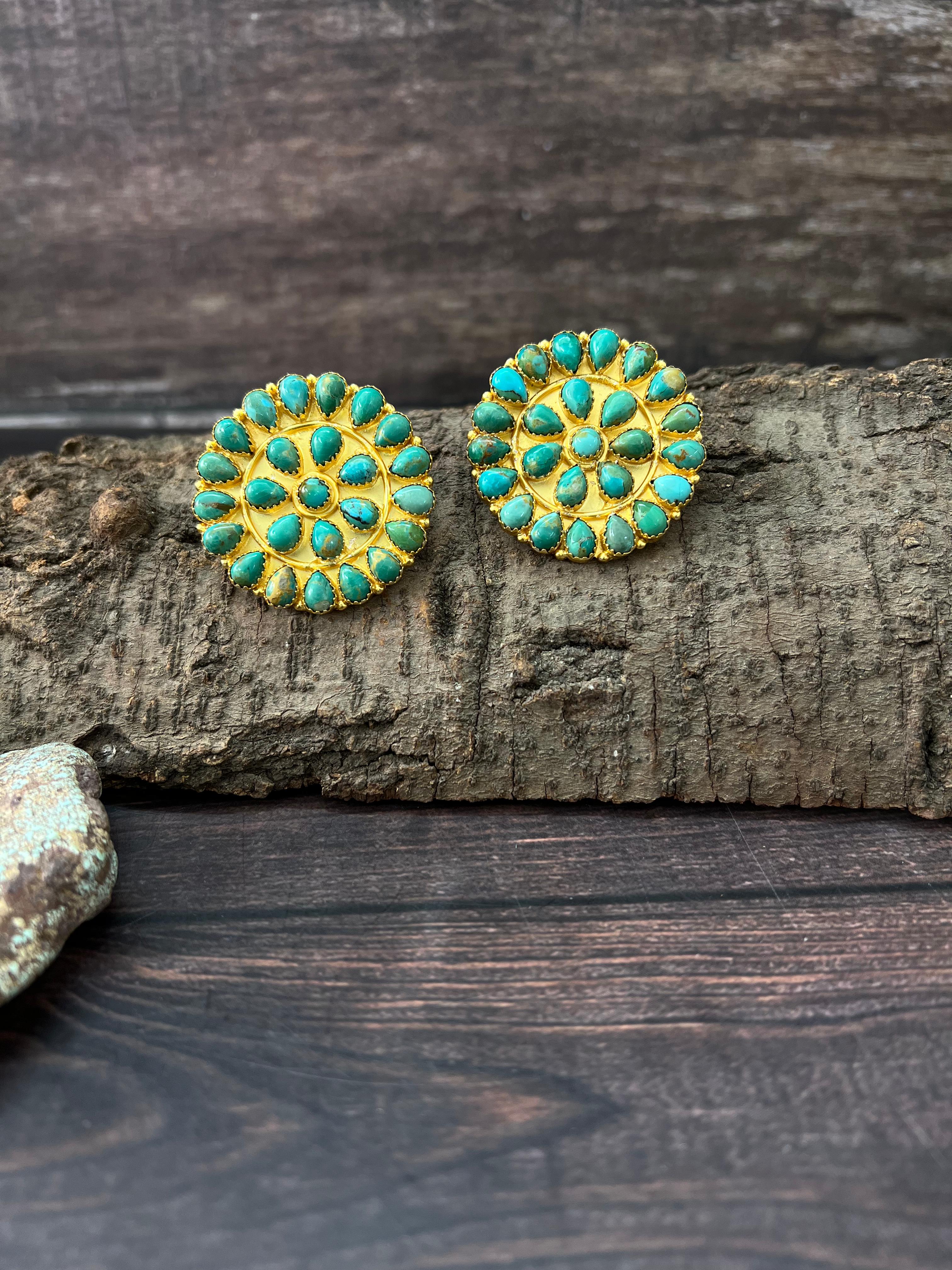 “The Golden Collection” Handmade Natural Kingman Turquoise Gold Plated Sterling Silver Cluster Post Earrings