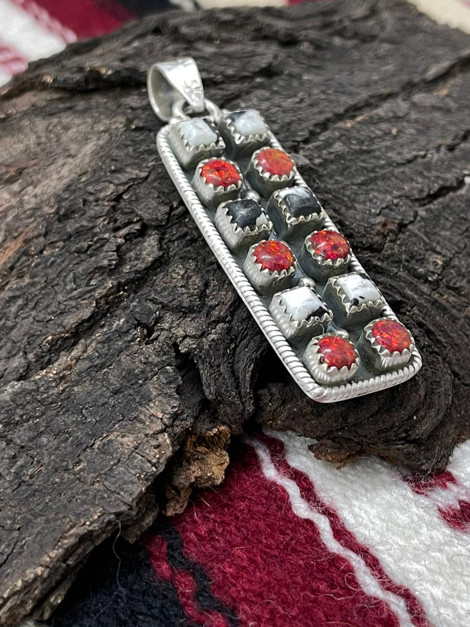 "Christmas Collection" Handmade Sterling Silver Red Opal with White Buffalo Pendant " Signed Nizhoni"
