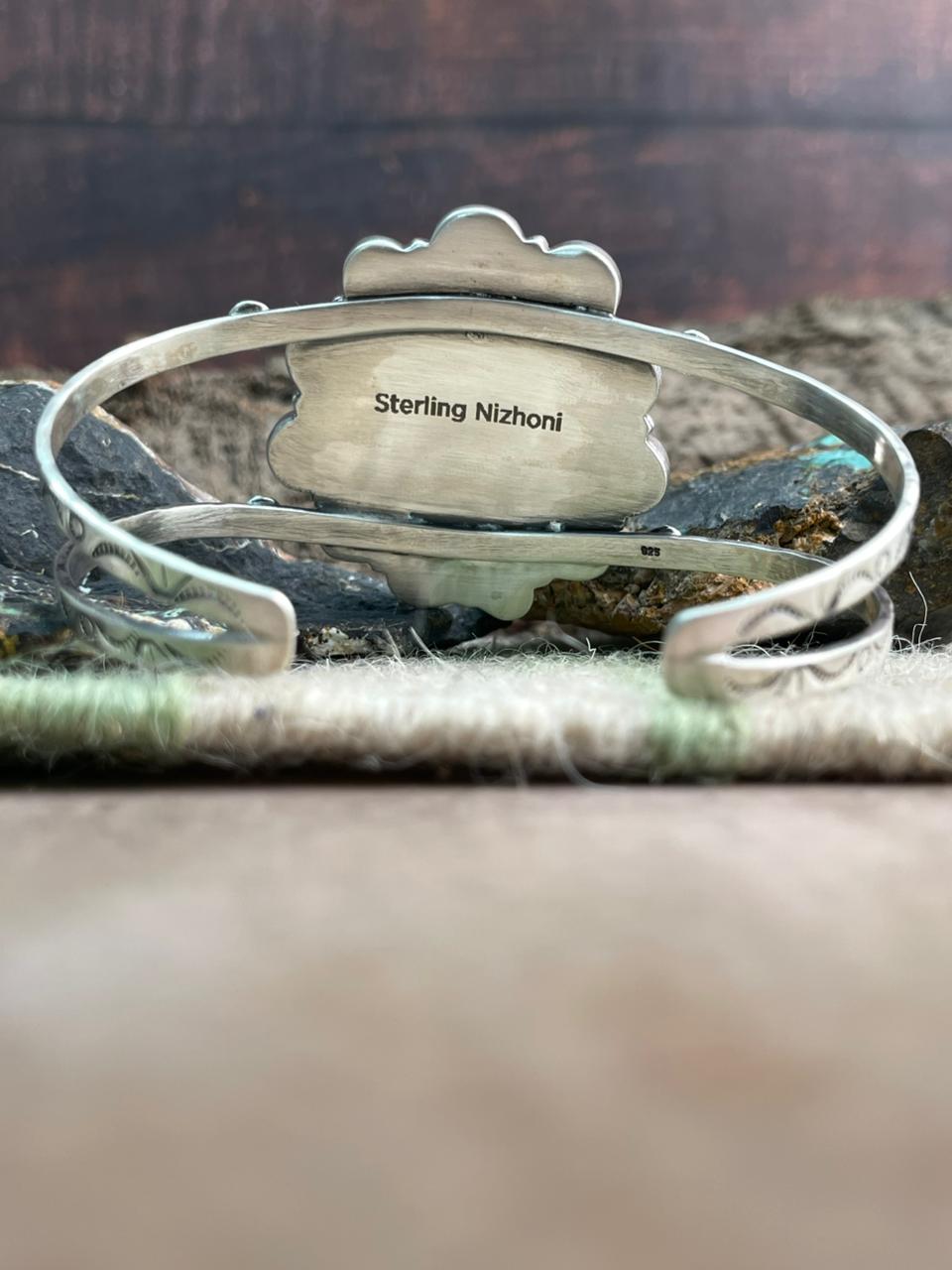 Handmade Sterling Silver Emerald Rose Cuff Bracelet "Signed Nizhoni"