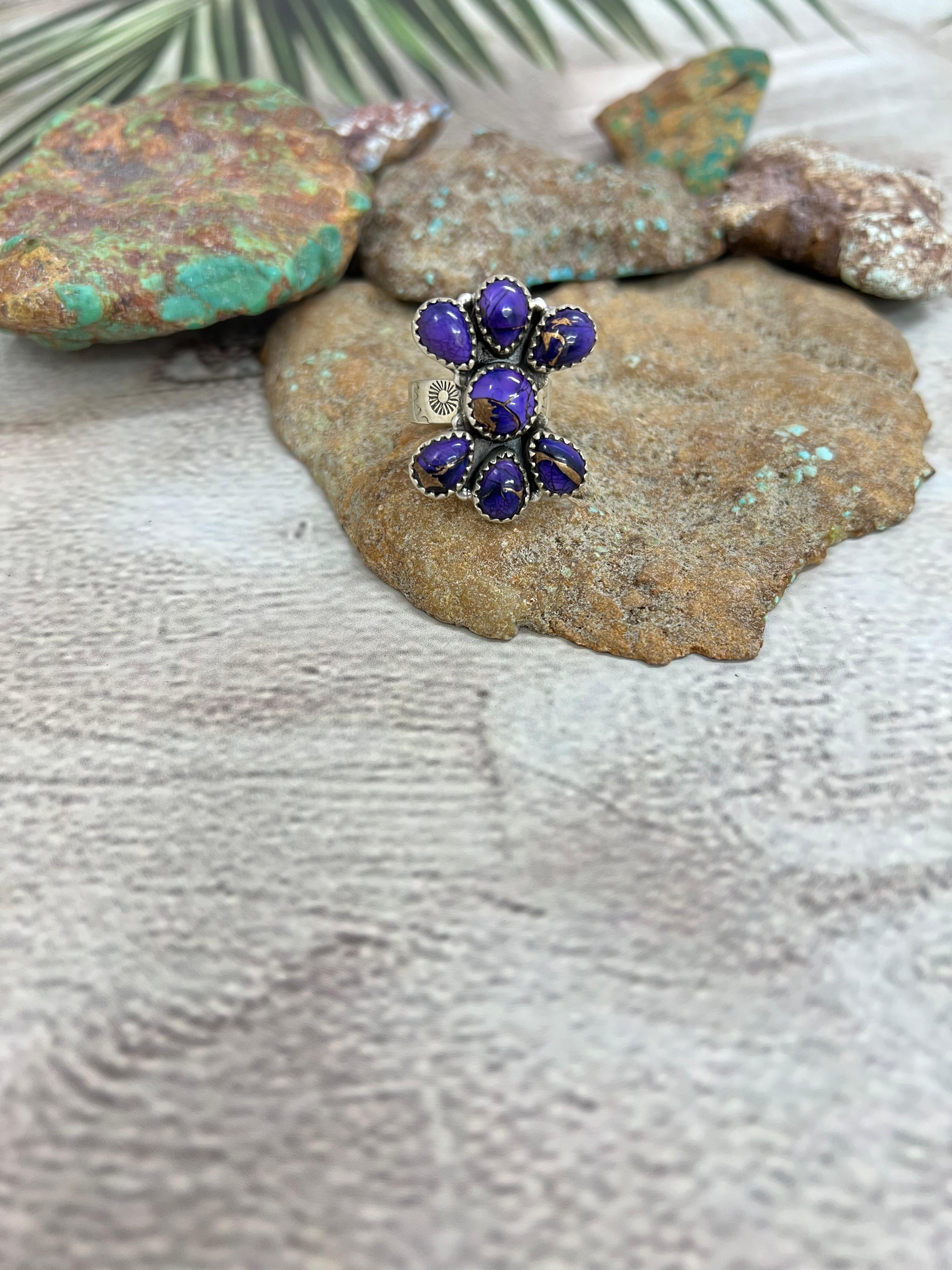 Handmade Sterling Silver Grape Dahlia Adjustable Ring with Signed Nizhoni