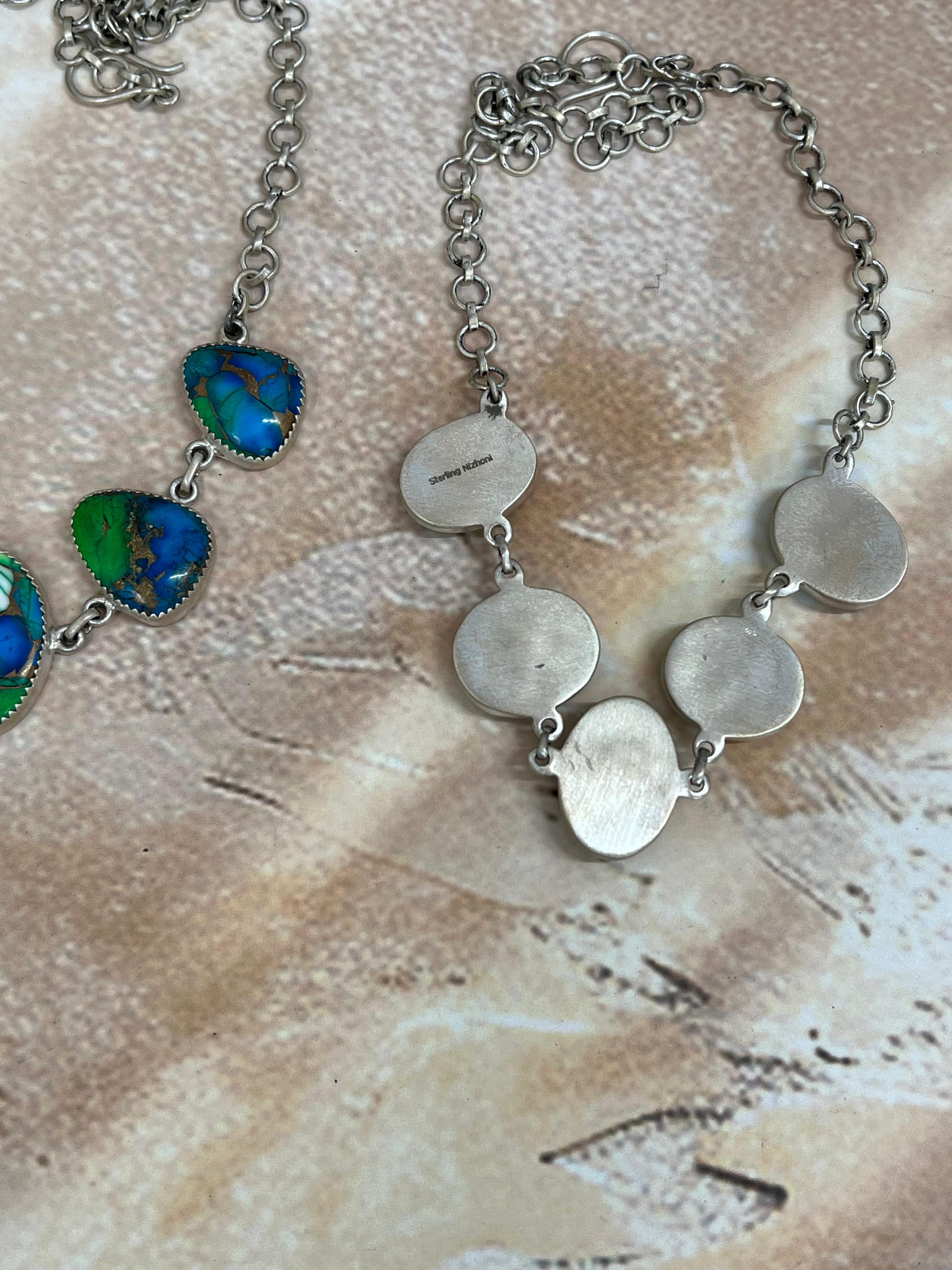 Handmade Sterling Silver Peacock Dahlia Necklace with Signed Nizhoni