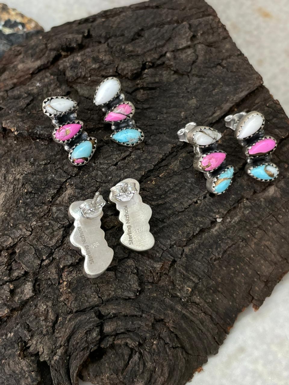 Handmade Sterling Silver Cotton Candy Post Studs Earrings "Signed Nizhoni"