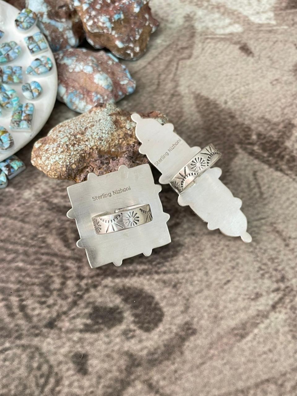 Handmade Sterling Silver 'Golden Hills Turquoise Cobble Collection' Adjustable Ring "Signed Nizhoni"