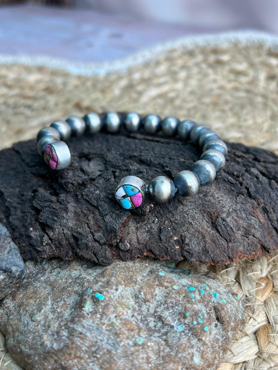 Handmade Sterling Silver Beaded Cotton Candy Cuff Bracelet "Signed Nizhoni"