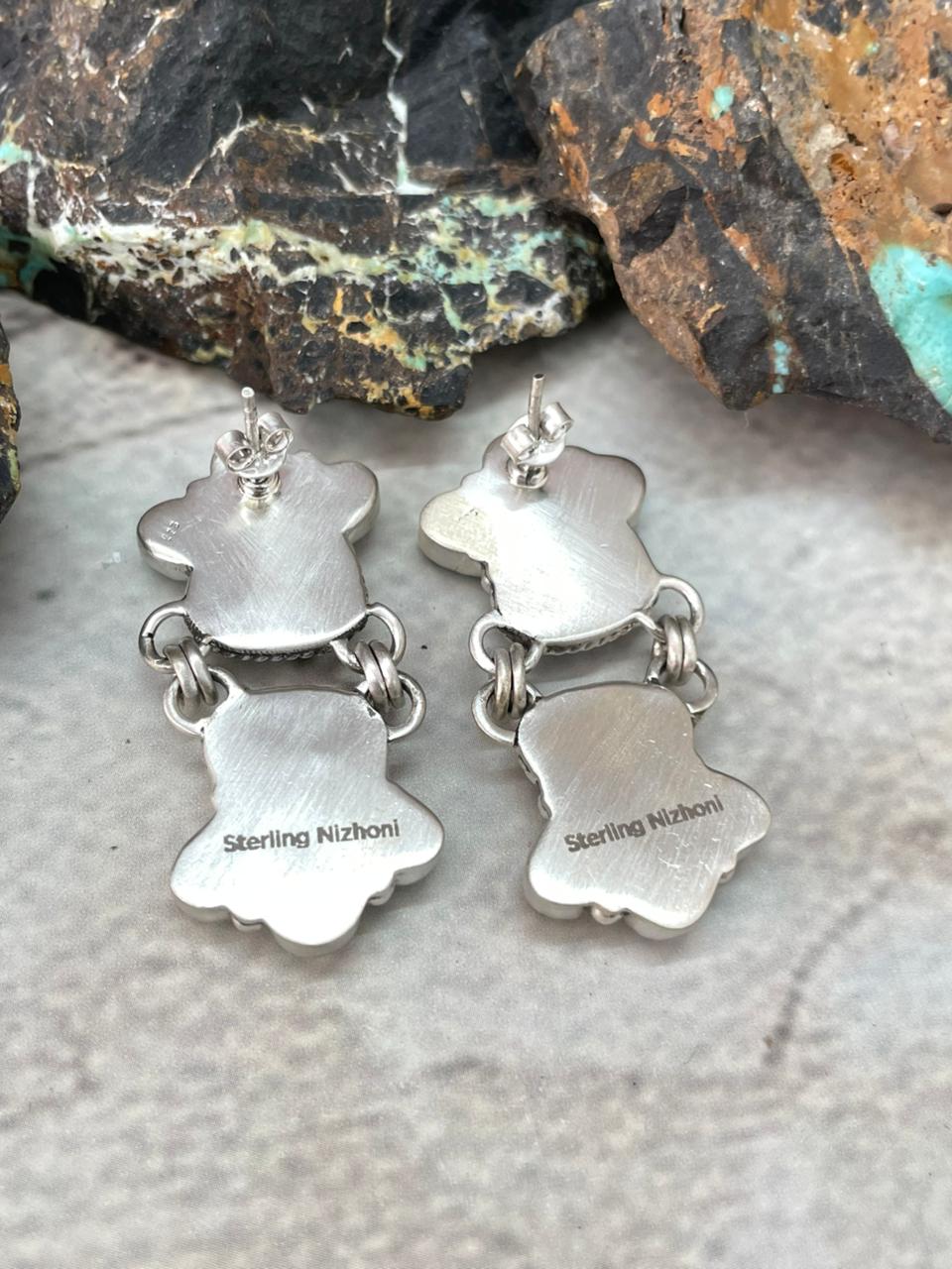 Handmade Sterling Silver Kingman Turquoise Post Dangle Earrings "Signed Nizhoni"