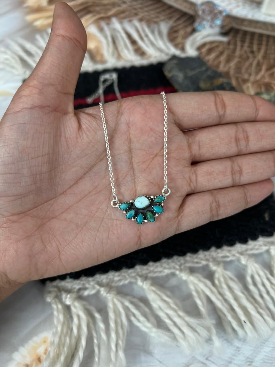 Handmade Sterling Silver Kingman with Golden Hills Turquoise Necklace "Signed Nizhoni"