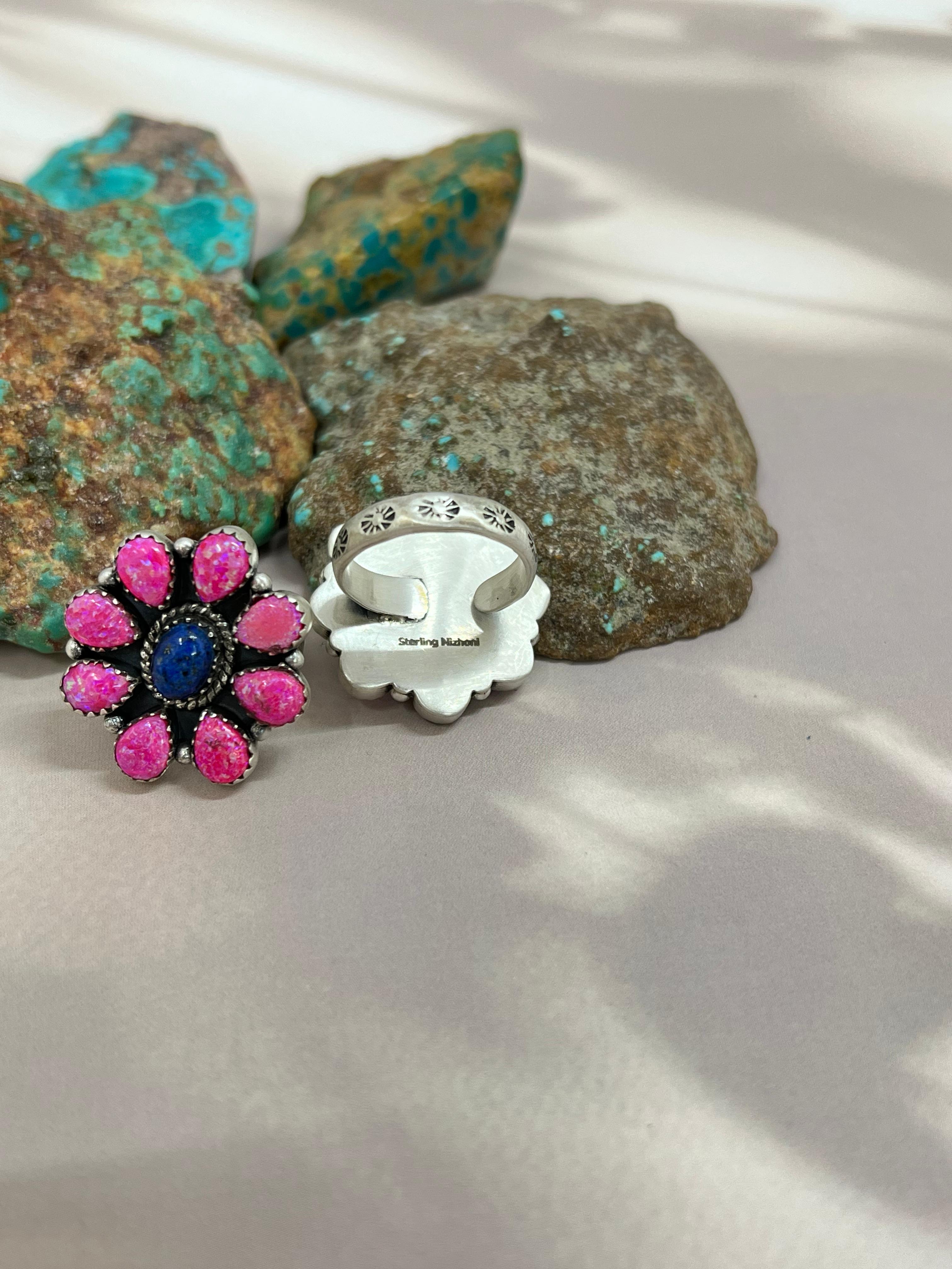 Handmade Sterling Silver Multistone Adjustable Ring with Signed Nizhoni