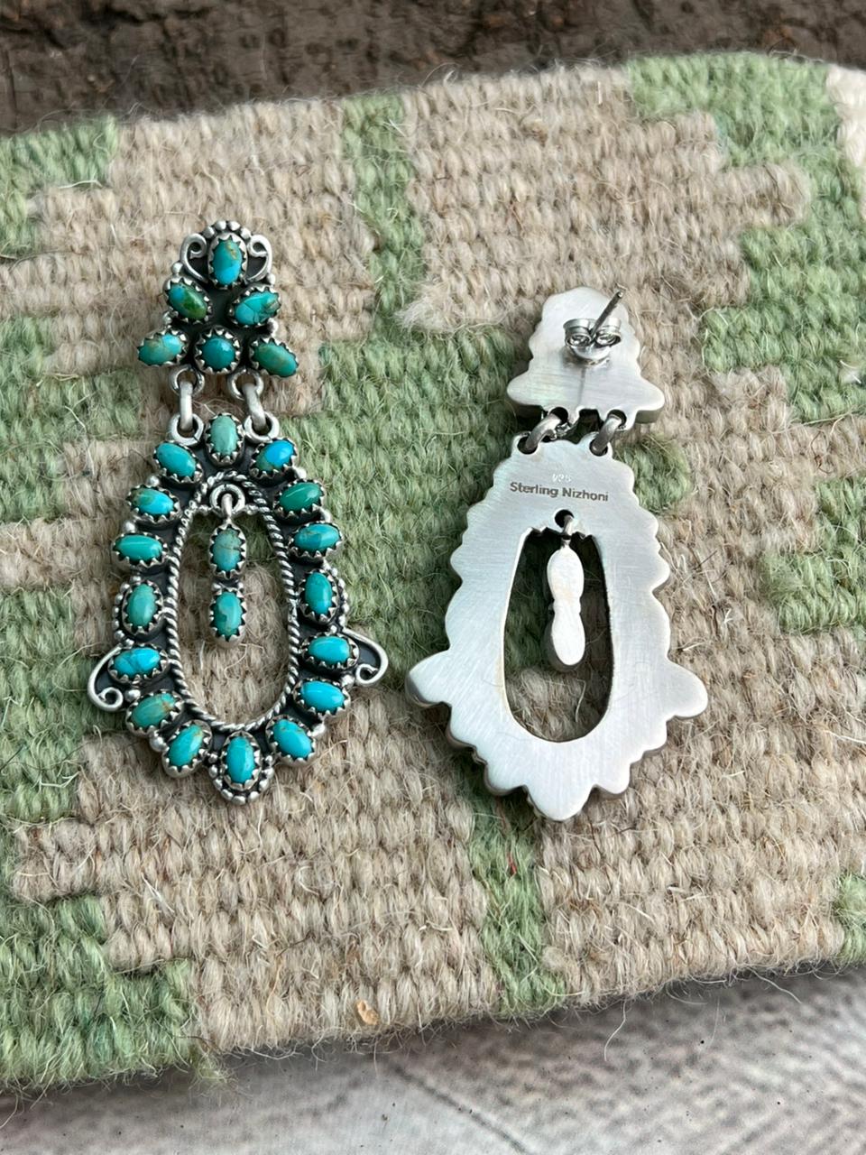 Handmade Sterling Silver Kingman Turquoise Post Studs Earrings "Signed Nizhoni"