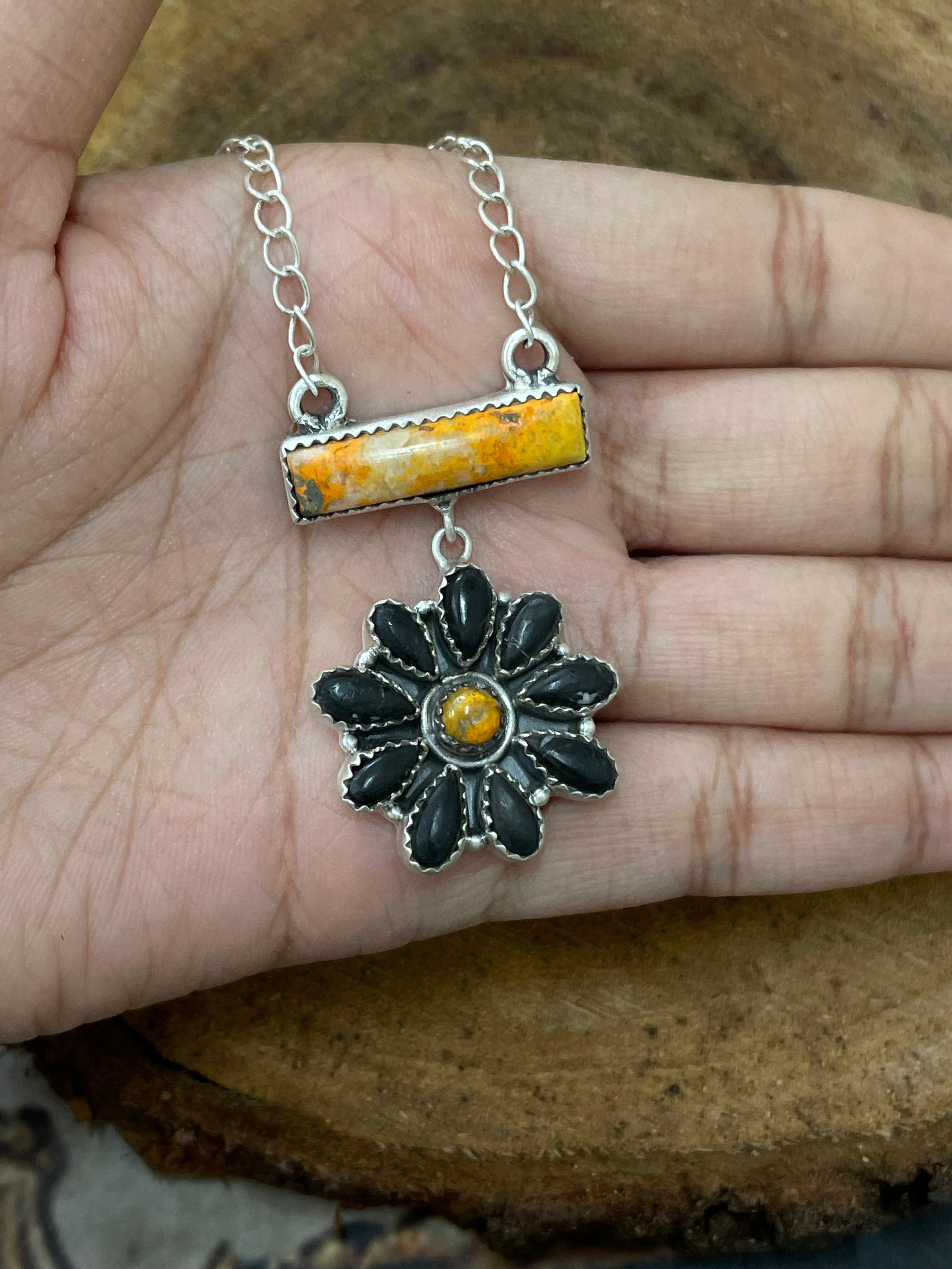 "Halloween Collection" Handmade Sterling Silver Black Onyx, Bumblebee Necklace with Signed Nizhoni