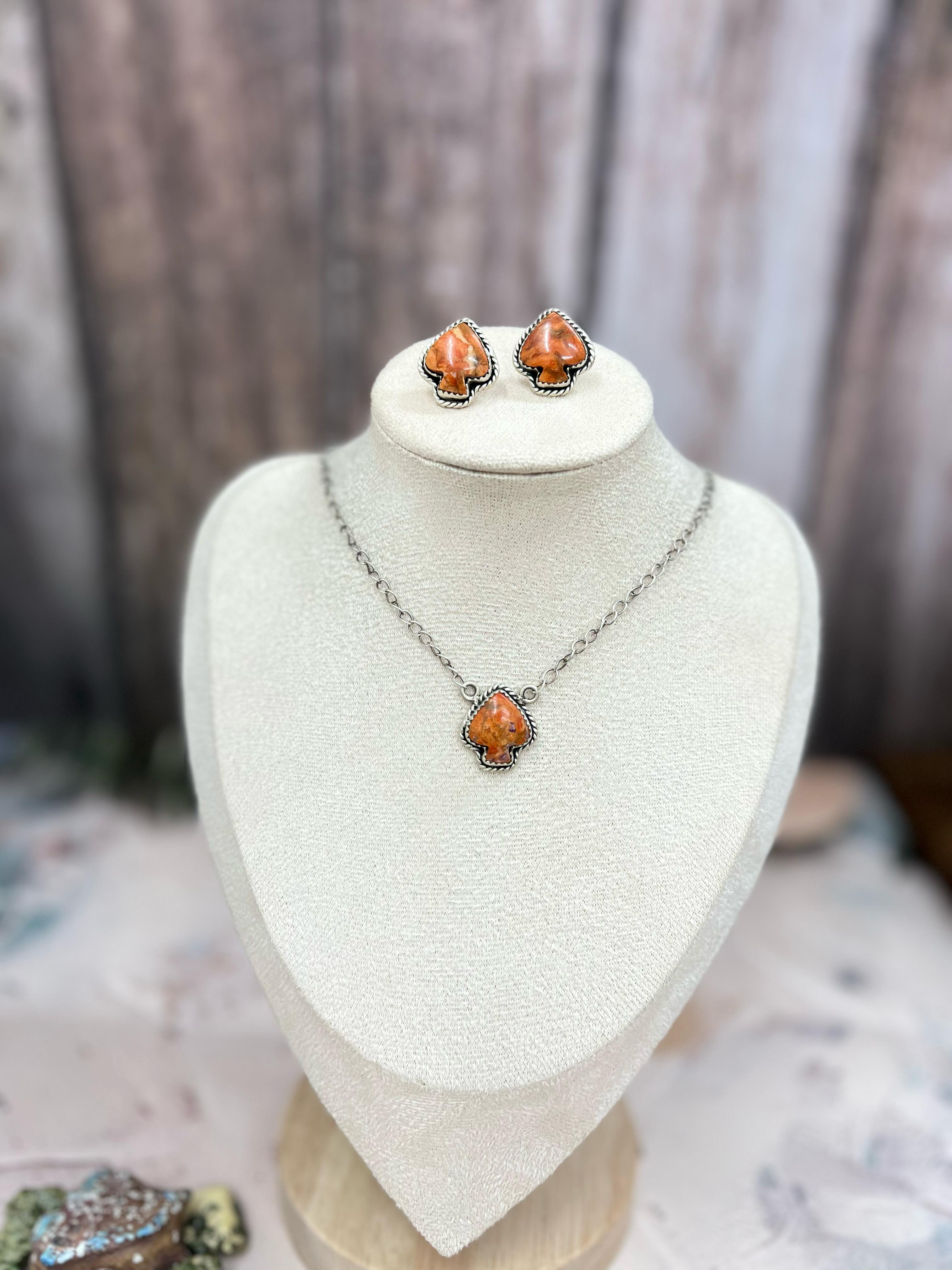 Handmade Sterling Silver Orange Mojave Necklace Earrings Spade Set with Signed Nizhoni