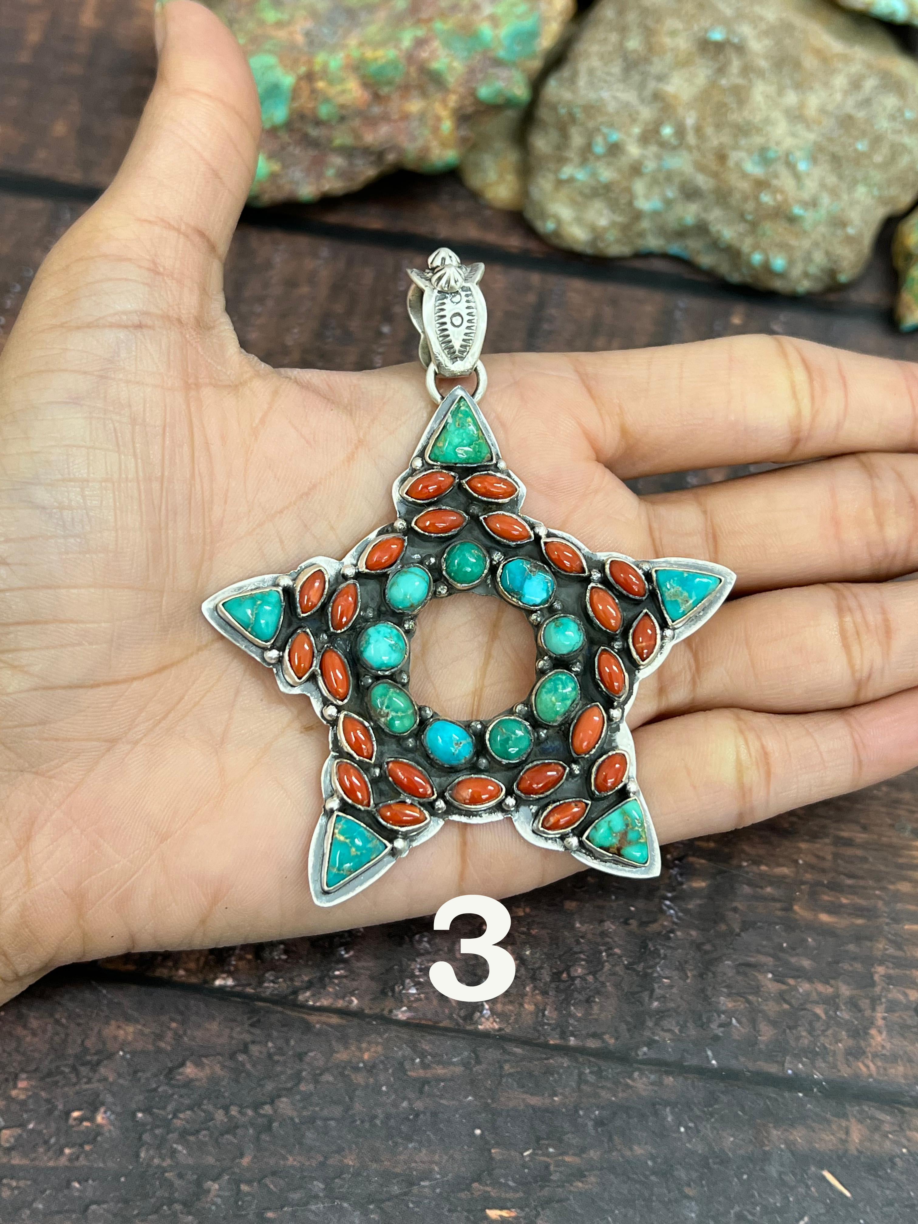 Handmade Sterling Silver Multi Stones Star Pendant, Signed Nizhoni