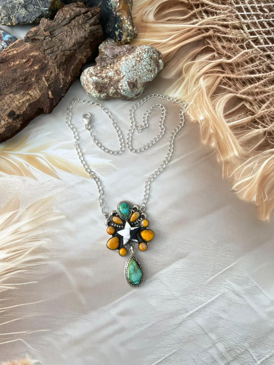 Handmade Sterling Silver Spring Collection: White Buffalo with Bumblebee & Sonoran Mountain Turquoise Necklace "Signed Nizhoni"
