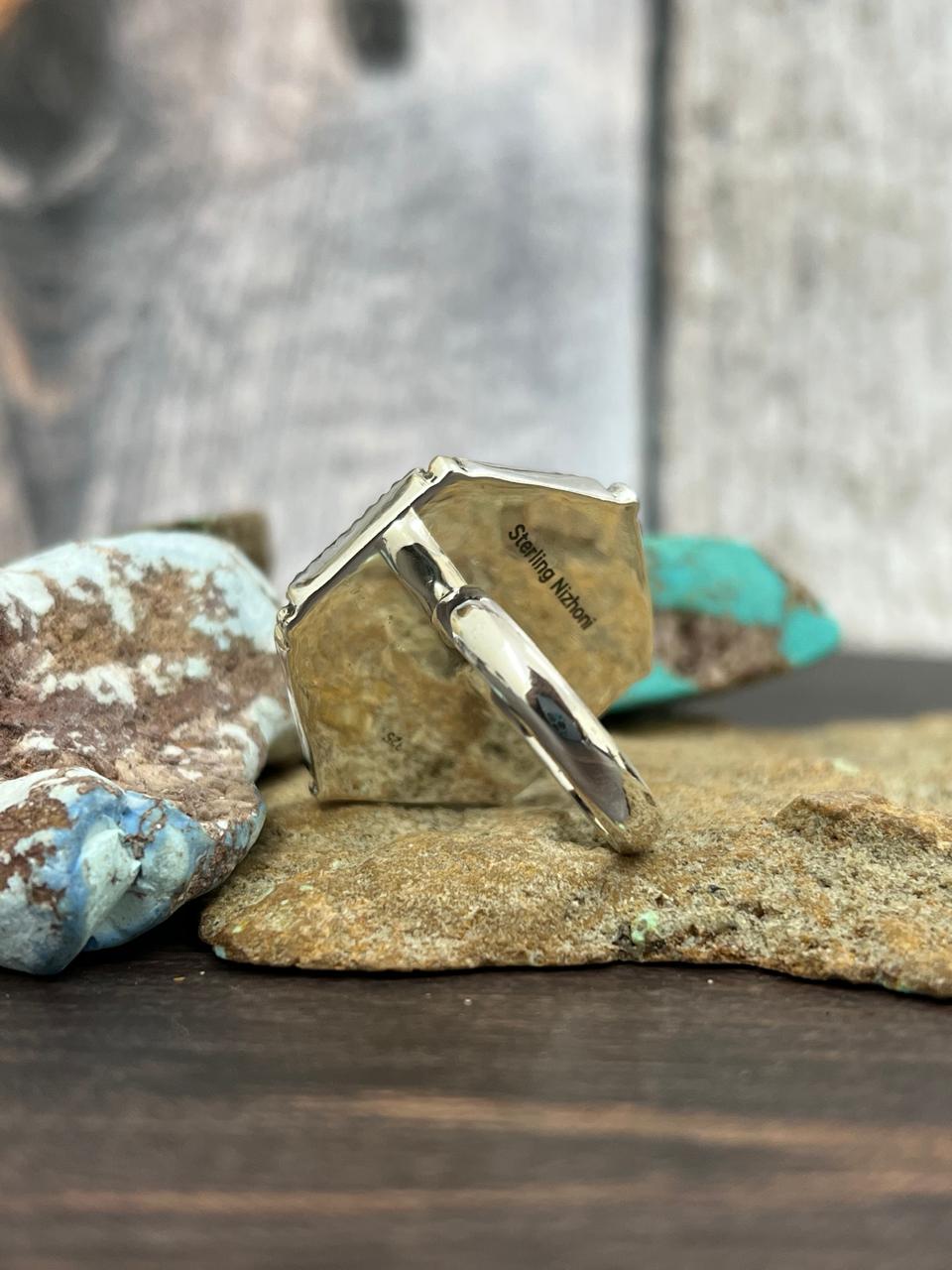 Handmade Sterling Silver Cotton Candy Turquoise Adjustable Ring with Signed Nizhoni